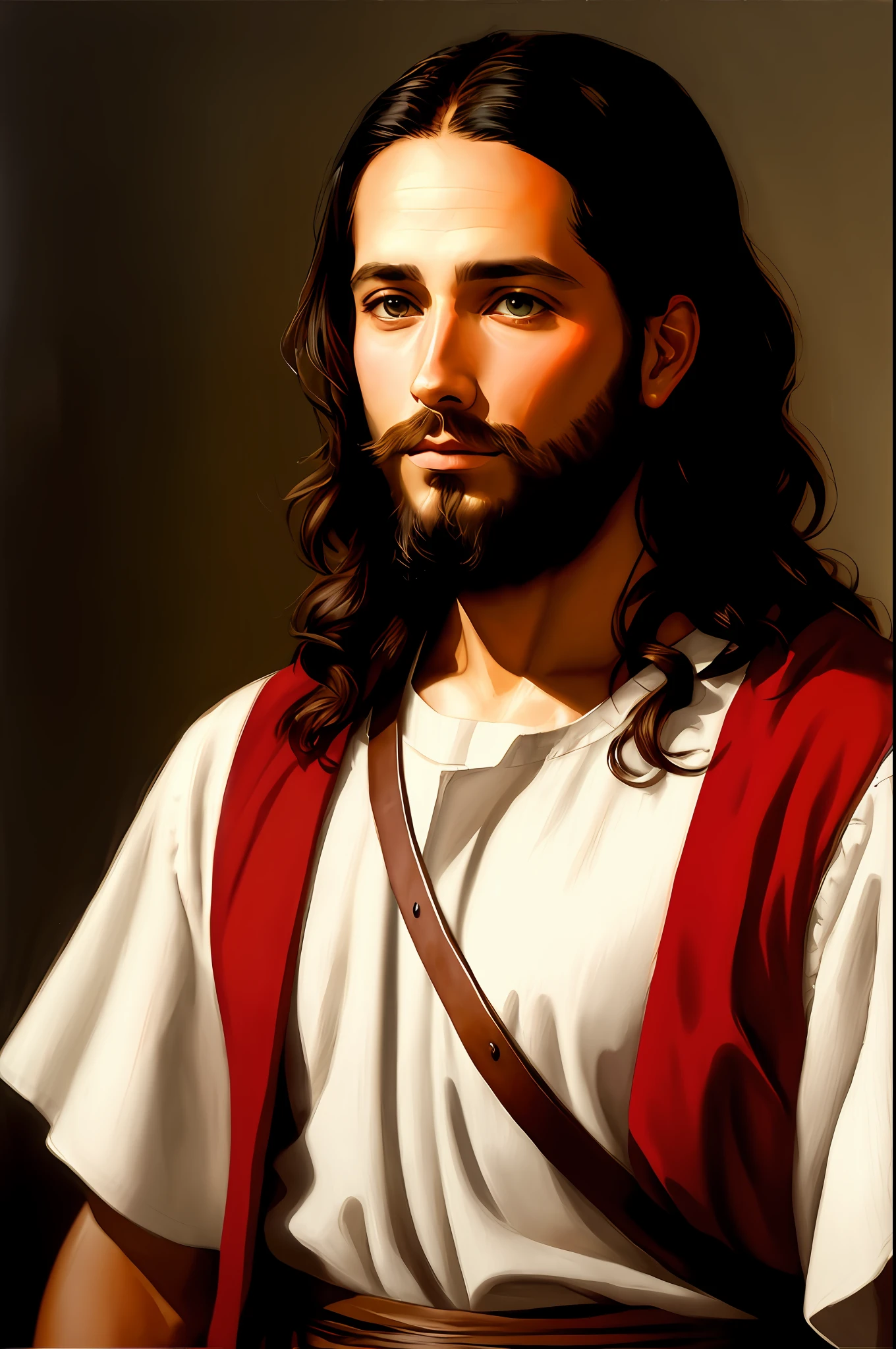 A beautiful ultra-thin realistic portrait of Jesus, the prophet, a man 33 years old Hebrew brunette, short brown hair, long brown beard, in a temple, wearing long linen tunic closed on the chest part, in front view, full body, biblical, realistic,by Diego Velázquez,Peter Paul Rubens,Rembrandt,Alex Ross,8k,Concept Art, PhotoRealistic, Realistic, Illustration,  Oil Painting, Surrealism, HyperRealistic, brush brushes, Digital art, style, watercolor