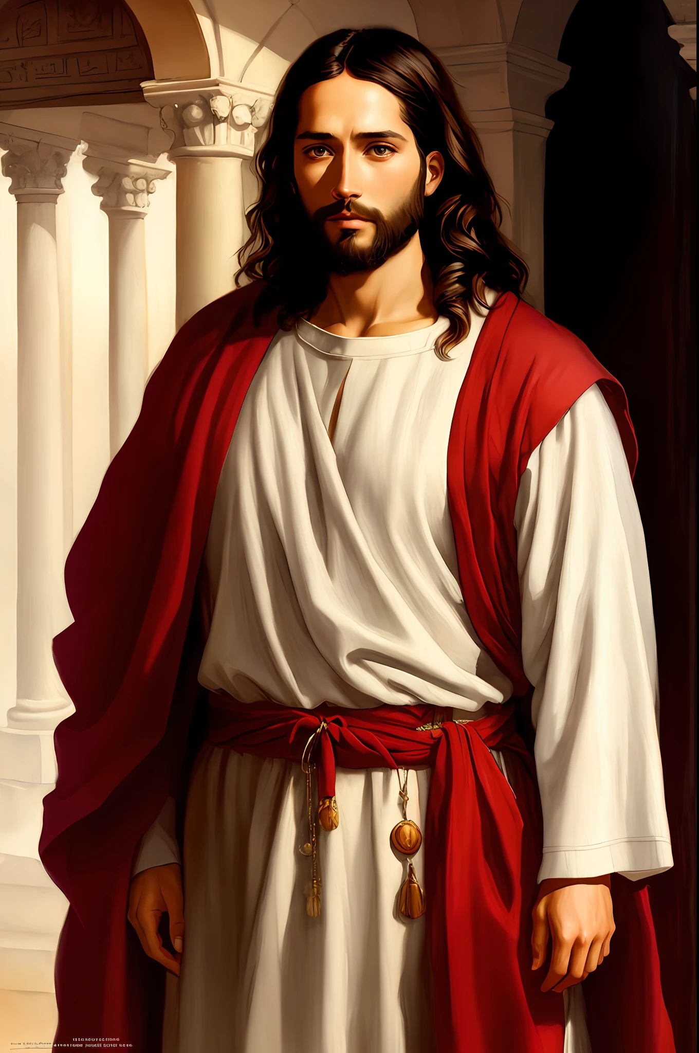 A beautiful ultra-thin realistic portrait of Jesus, the prophet, a man 33 years old Hebrew brunette, short brown hair, long brown beard, in a temple, wearing long linen tunic closed on the chest part, in front view, full body, biblical, realistic,by Diego Velázquez,Peter Paul Rubens,Rembrandt,Alex Ross,8k,Concept Art, PhotoRealistic, Realistic, Illustration,  Oil Painting, Surrealism, HyperRealistic, brush brushes, Digital art, style, watercolor