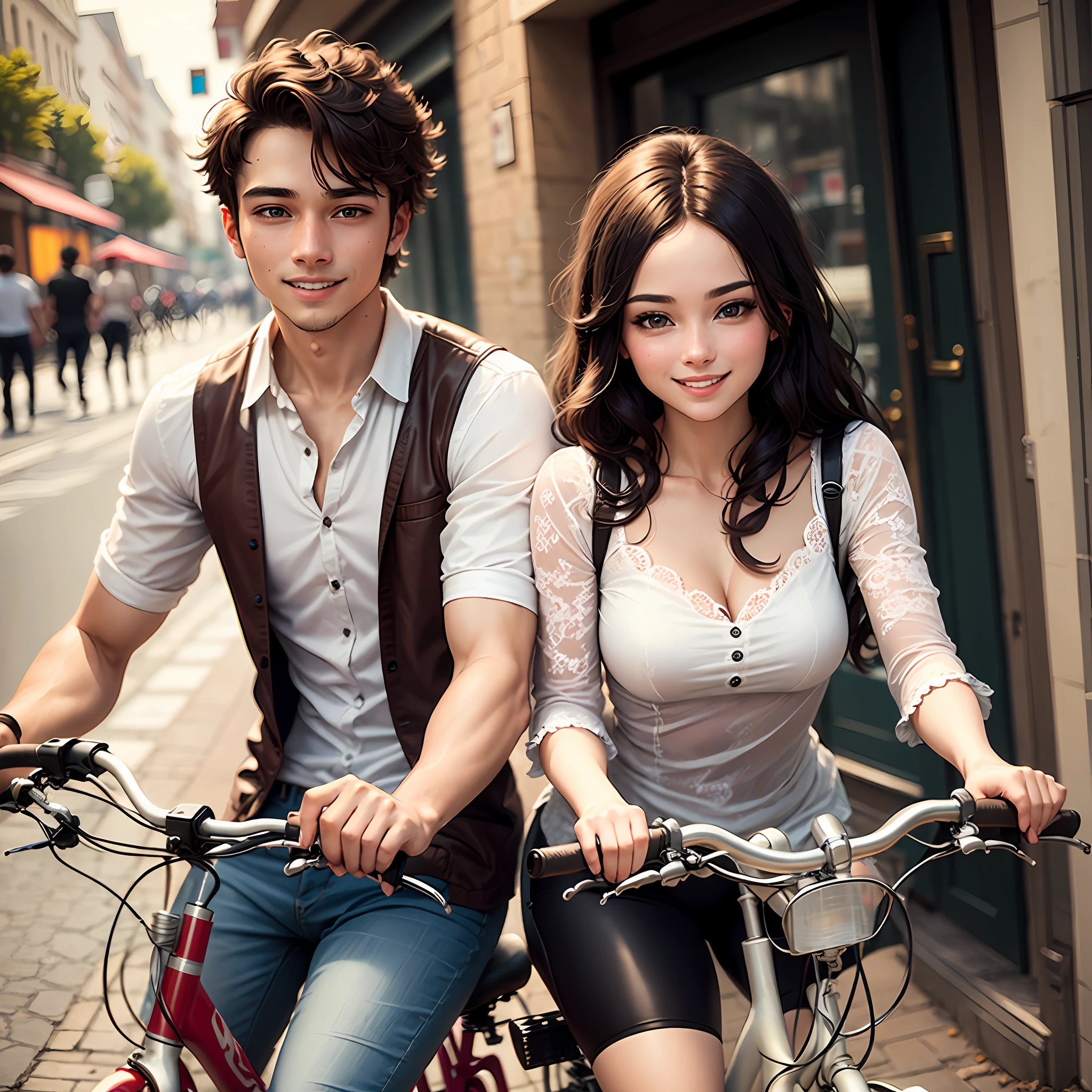 Beautiful young couple on a bike, deeply in love, smiling, romantic atmosphere --auto