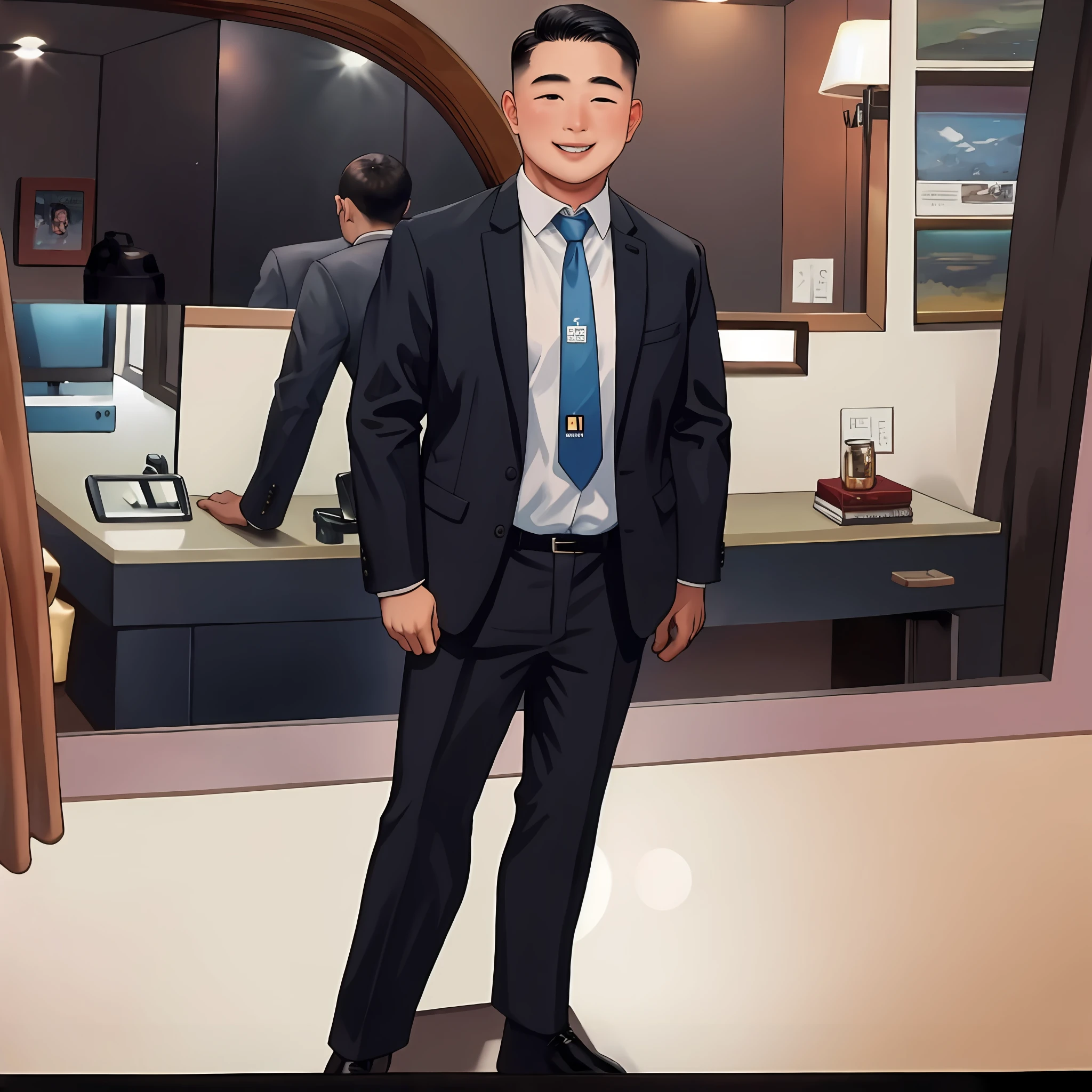 1 man, pass black suit, slightly fat, blue tie, standing in front of the mirror, face lens, round head, inch hair, smile, 8k, HD quality.