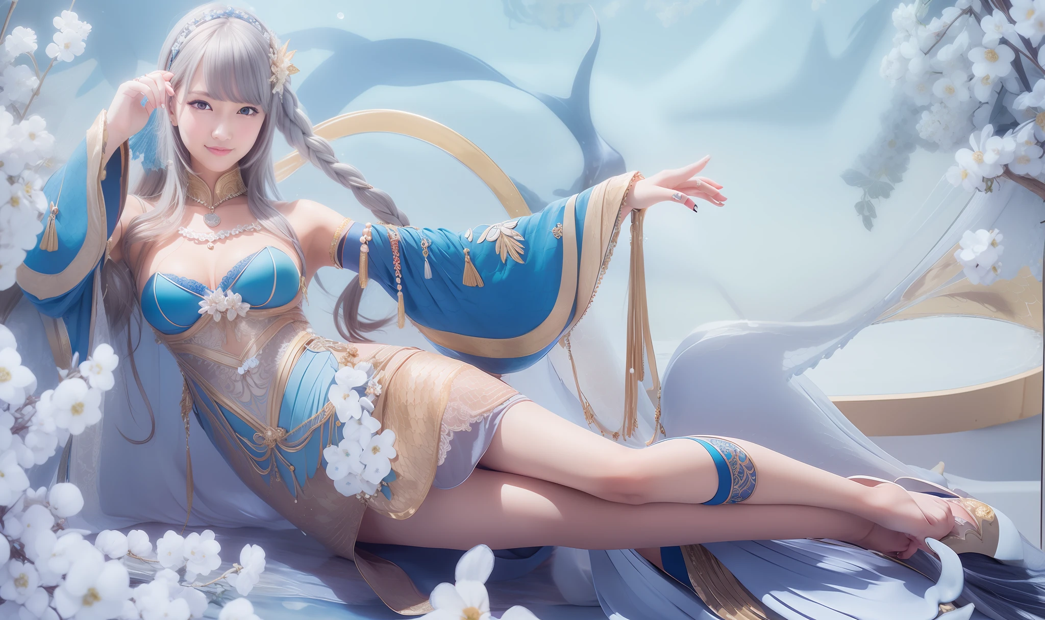 Undamaged hands, wearing a sexy blue dress with gold trim, smile, beautiful eyes, Japanese woman, Mermaid headband