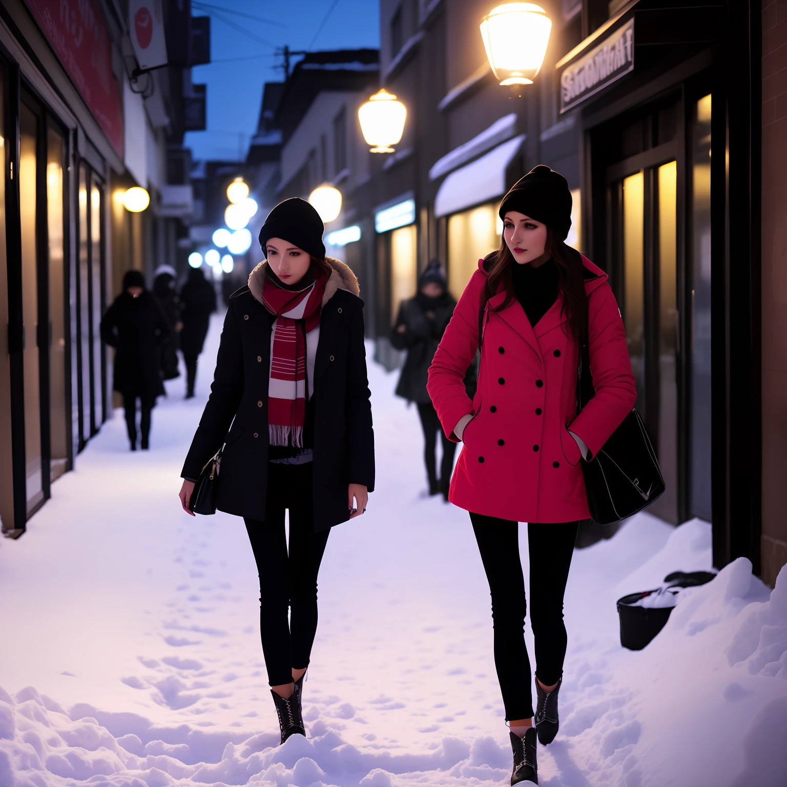 Sexy woman cold clothes Street snow cuberta colored lights on the street
