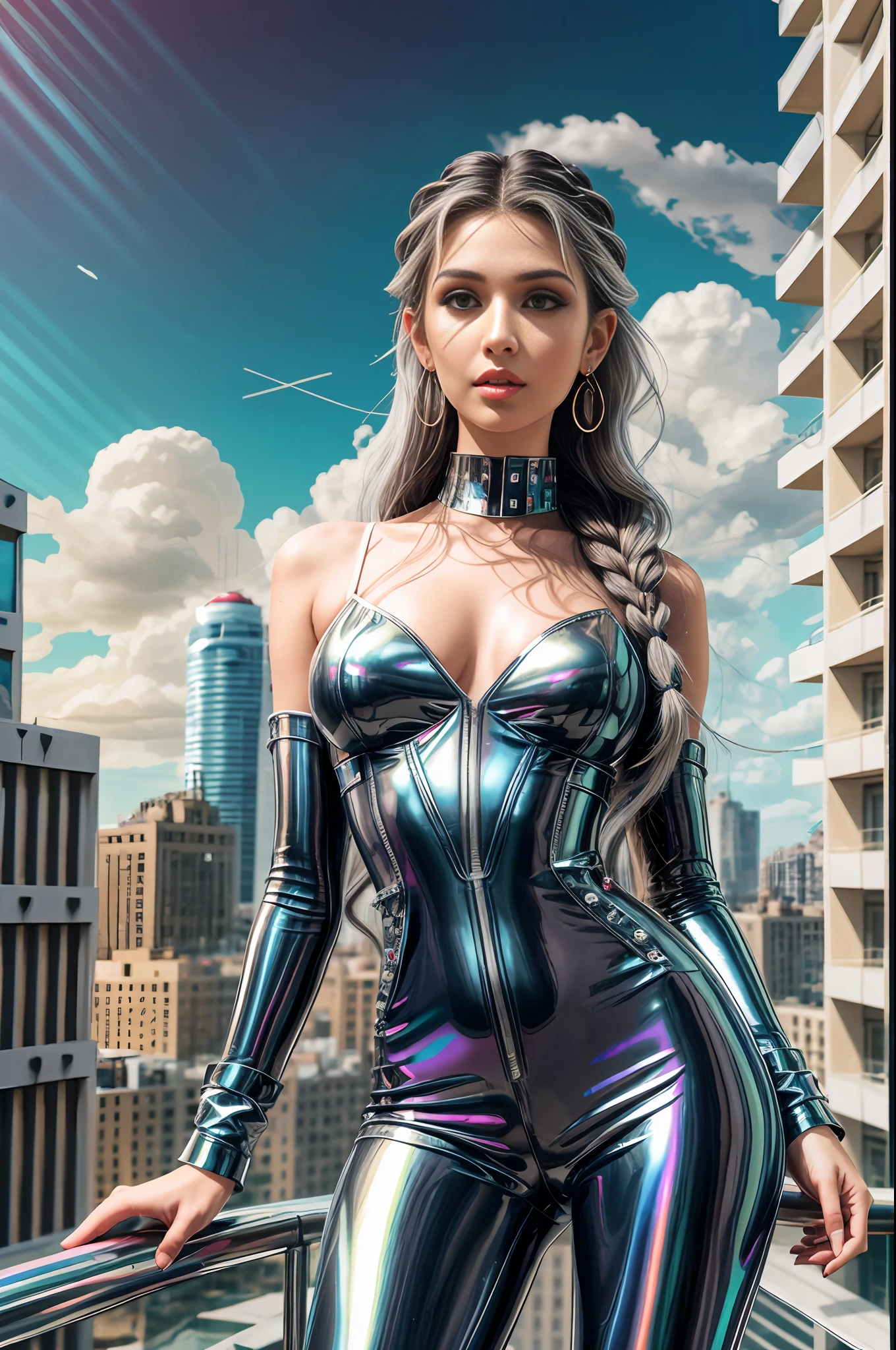 Android-inspired jumpsuit with built-in holographic interface, Madam, Average Height, in shape, Heart-Shaped Face, Olive Skin, White Hair, dark brown Eyes, Long Nose, Thin Lips, Sharp Chin, Long Hair, Wavy Hair, Waterfall Braid, perky breasts, Stud earrings, black metallic lipstick, City floating in the clouds