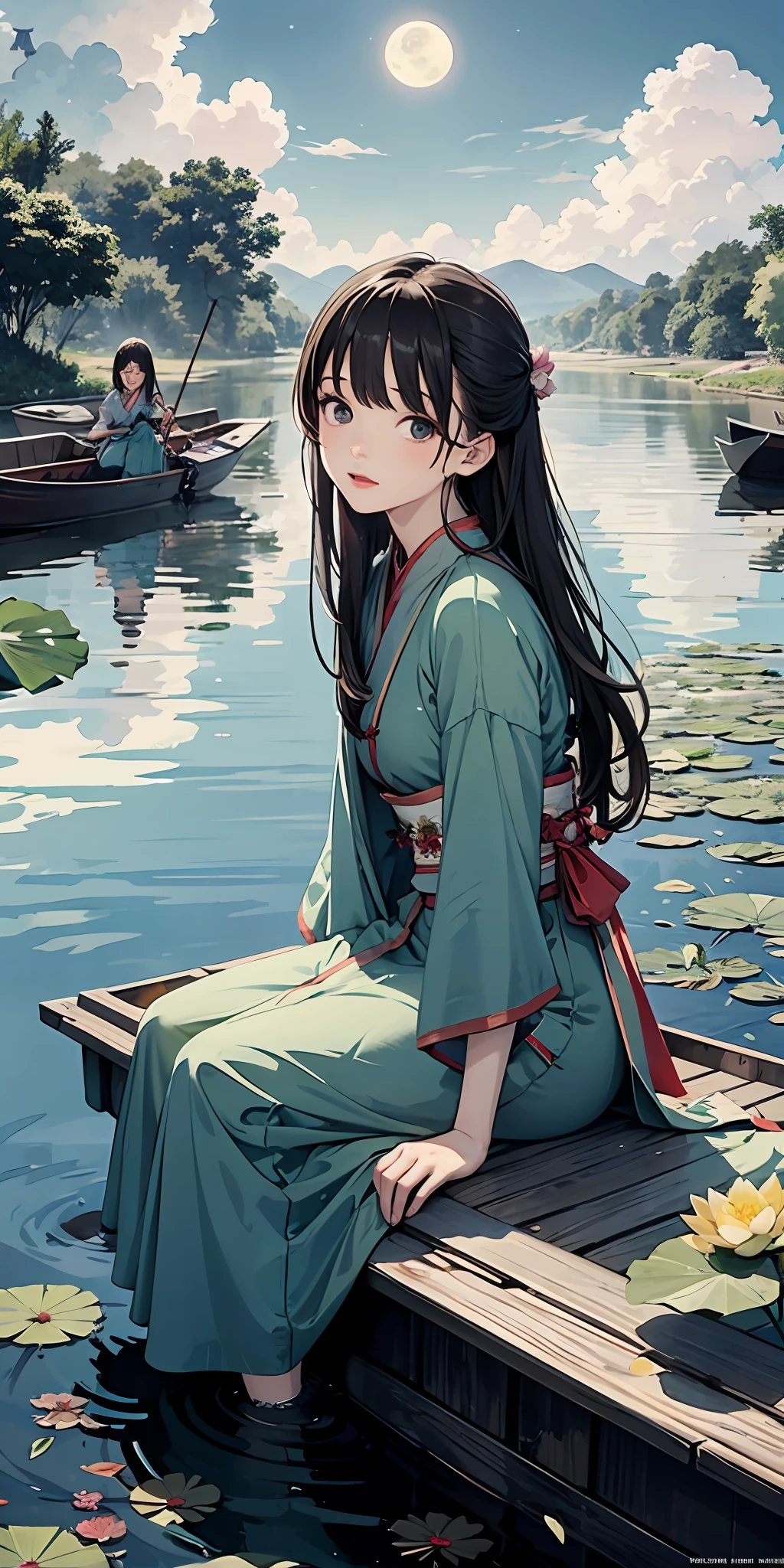 Masterpiece, Best Quality, Official Art, 8k Wallpaper, Very Detailed, Illustration, Pitch Black Night, Lotus Leaf, Lotus Flower, Little Moon, Little Attic, (1 Girl, Spread Hanfu Long Dress, Sitting on a Small Boat, Drunken Expression, Brunette Hair, Long Hair, Detailed Eyes), BREAK, (Background: River Full of Lotus Leaves, Lots of Lotus Leaves: 1.3, Lots of Withering Lotus Flowers: 1.3, Clouds in the Sky), Lots of Lotus Leaves, Lots of Lotus Flowers, Withering Lotus Flowers