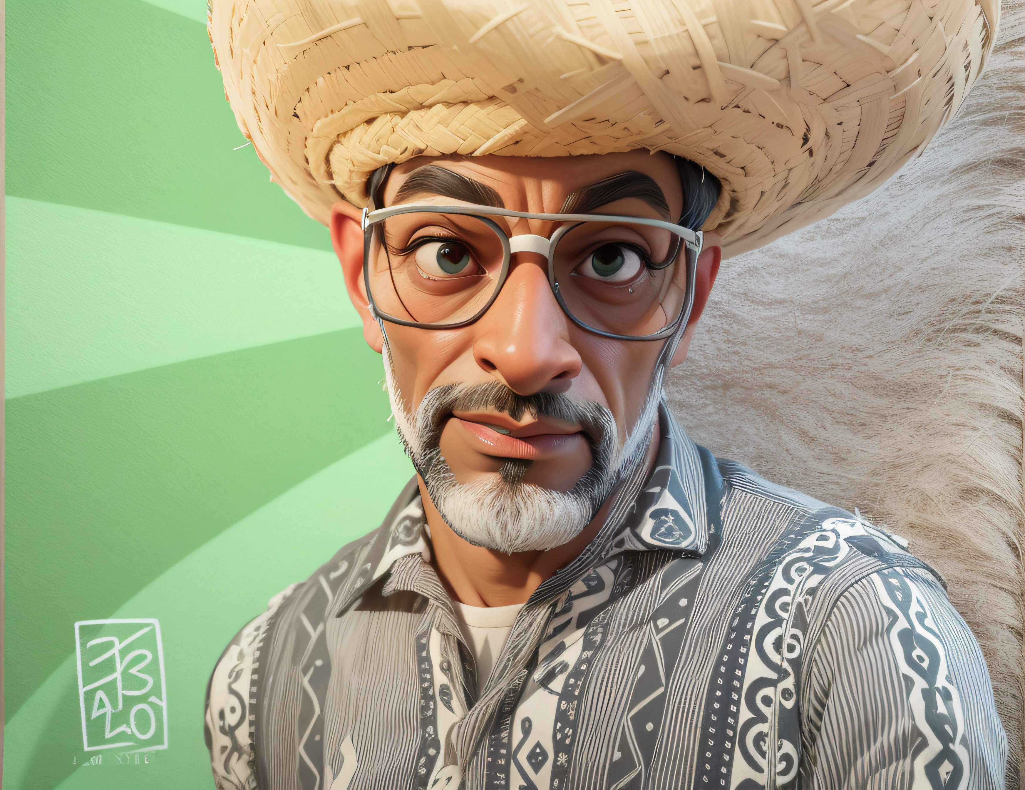 Lord of approximately 65 years gray hair, Afro descendant, dark brunette,((Dark Skin)), straw hat on head, sunglasses, masterpiece, best quality, 3d rending work, 3DMM style, close-up, portrait, 3D, realistic, upper body, radio studio background, looking away, light brown eyes,white beard, fleshy lips, striped shirt green colors, white. ((all-white background)).