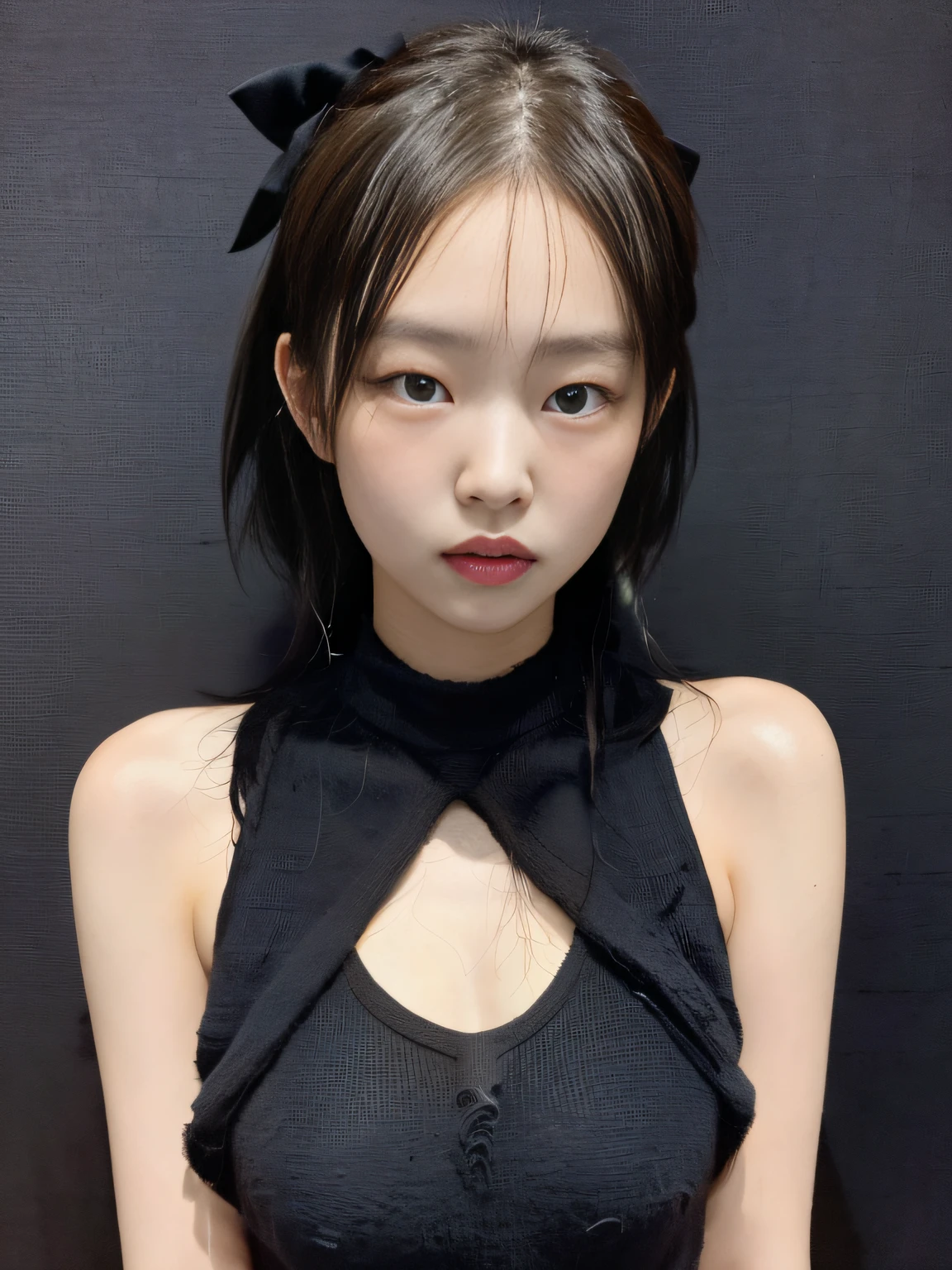 best quality, jjennie face shape, super high resolution, supermodel, (realism: 1 girl.8), RAW photo, 1 girl a girl, bare shoulders, wearing black vest, looking at the camera head-on, ID photo, sexy, black background, in the dark, deep shadow, understated, cold light