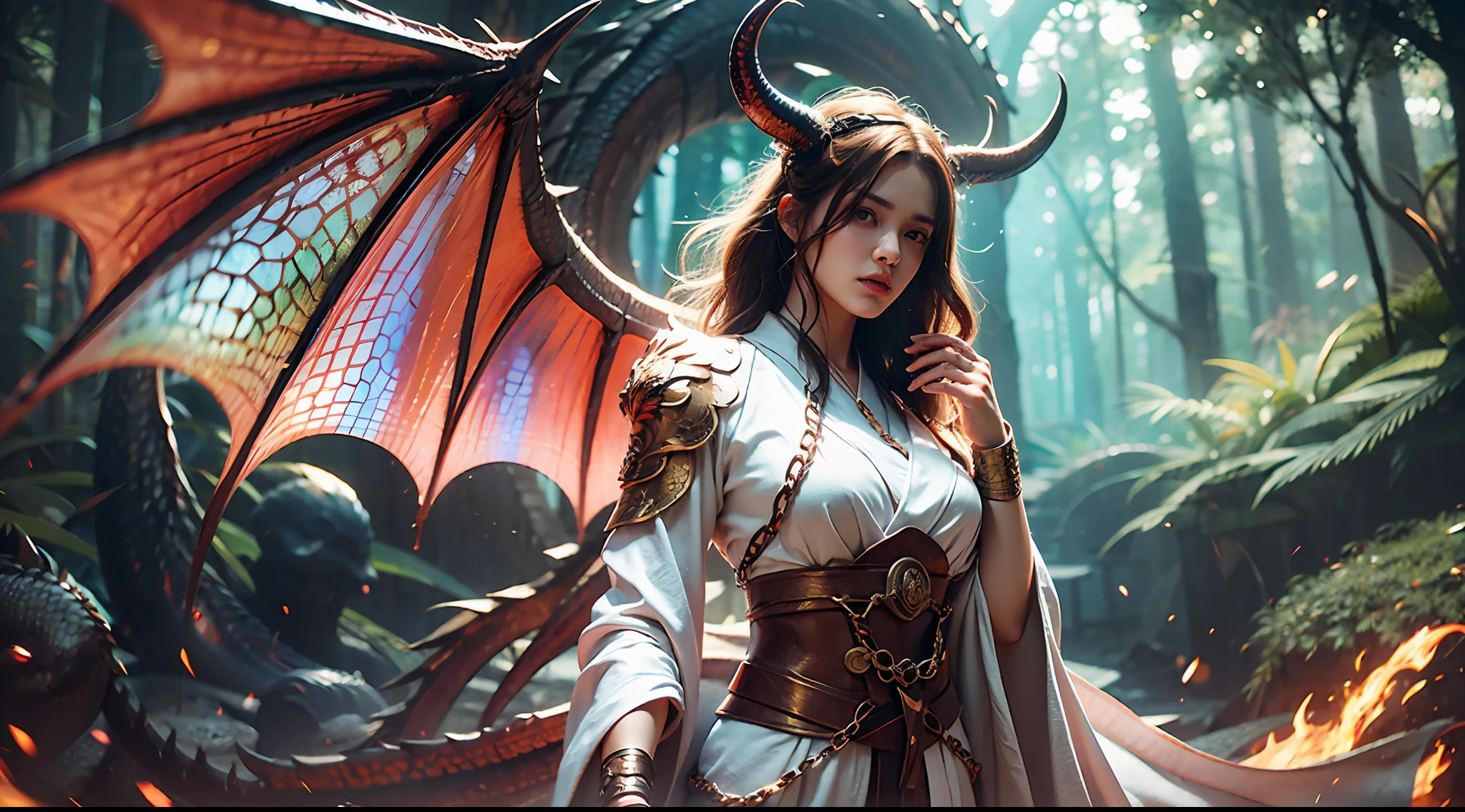 A beautiful girl with a rainbow dragon, ((girl wearing a long robe)), (wearing chain mail: 1.4), (long cloth pants: 1.2), (chain mail with dragon scales), long hair, graceful, wisdom, courage, rainbow dragon, scales, horns, flames, wings, dragon claws, dragon protecting the girl, background for ancient forest, mysterious connection, protection, trust, realistic quality, realism, 8k, best quality, masterpiece, cinematic quality, high chiaroscuro, octane rendering
