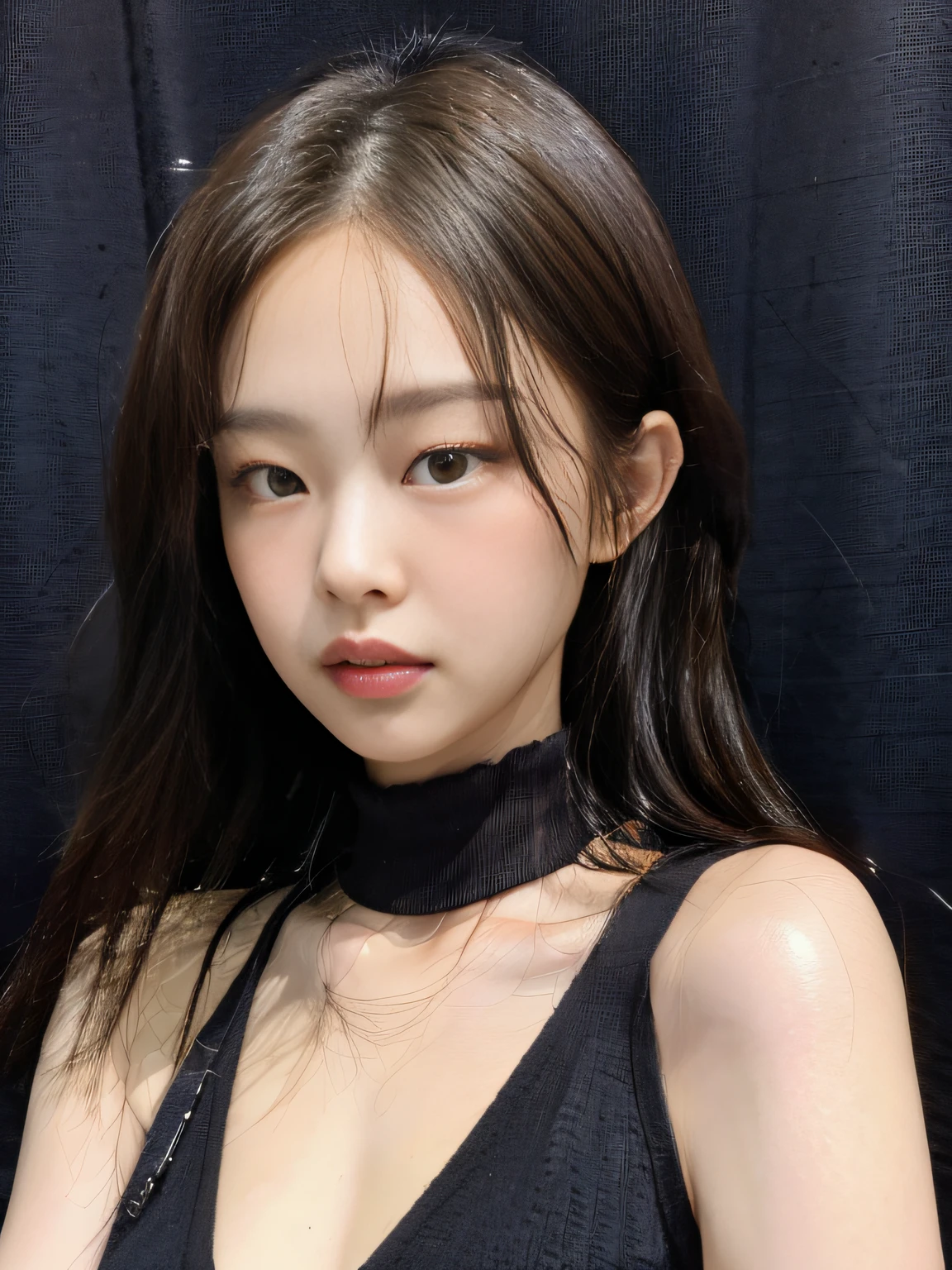 best quality, jjennie face shape, super high resolution, supermodel, (realism: 1 girl.8), RAW photo, 1 girl a girl, bare shoulders, wearing black vest, looking at the camera head-on, ID photo, sexy, black background, in the dark, deep shadow, understated, cold light