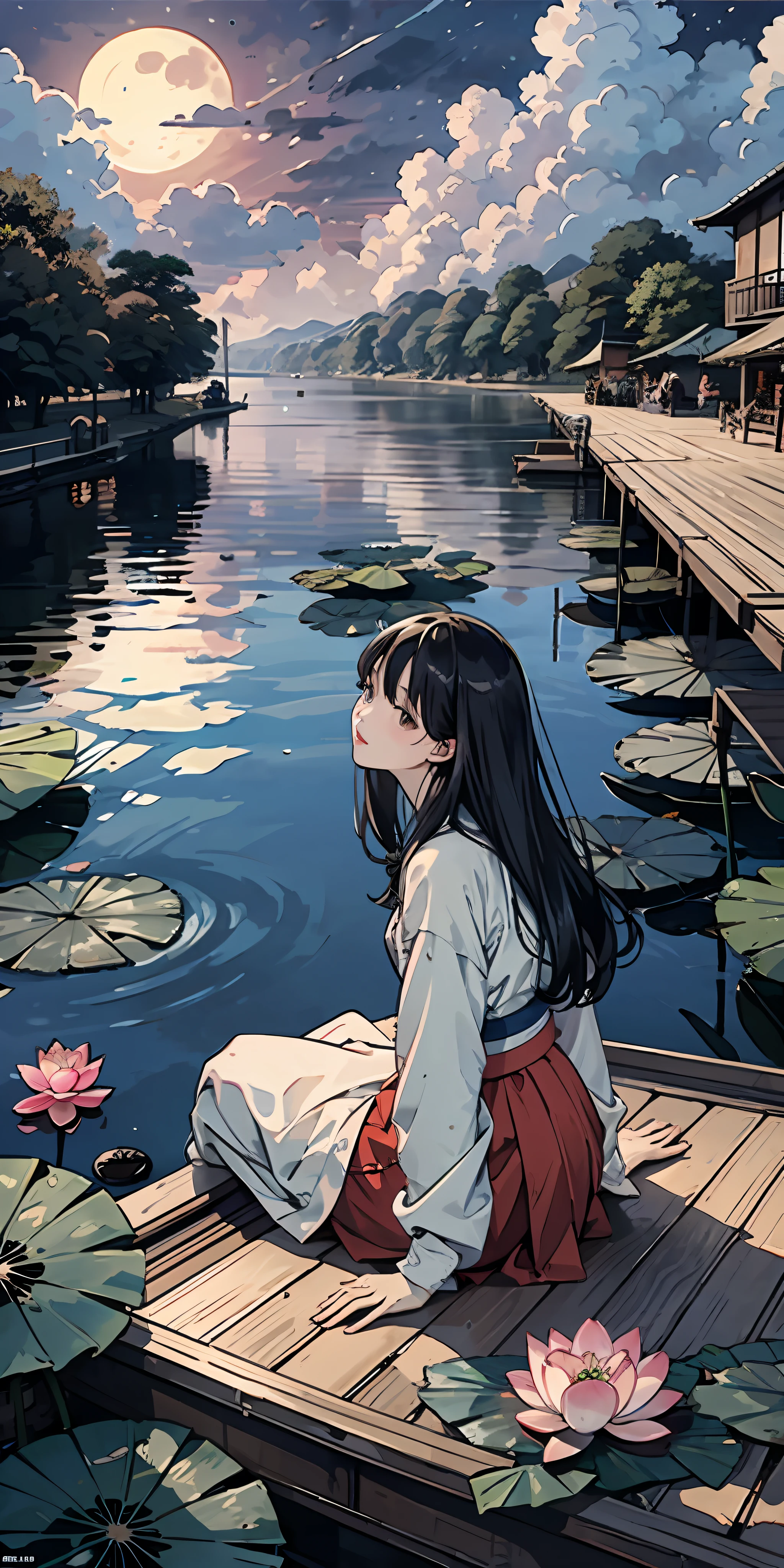 Masterpiece, best quality, official art, 8k wallpaper, very detailed, illustration, night outdoor landscape, moonlight, small building, (1 girl, spread out Hanfu long skirt, sitting on a boat, drunken expression, black hair, long hair, detailed eyes), BREAK, (background: river full of lotus leaves, lots of lotus leaves: 1.3, many, many withering lotuses: 1.3, clouds in the sky), lots of lotus leaves, lots of lotus flowers, withering lotus flowers
