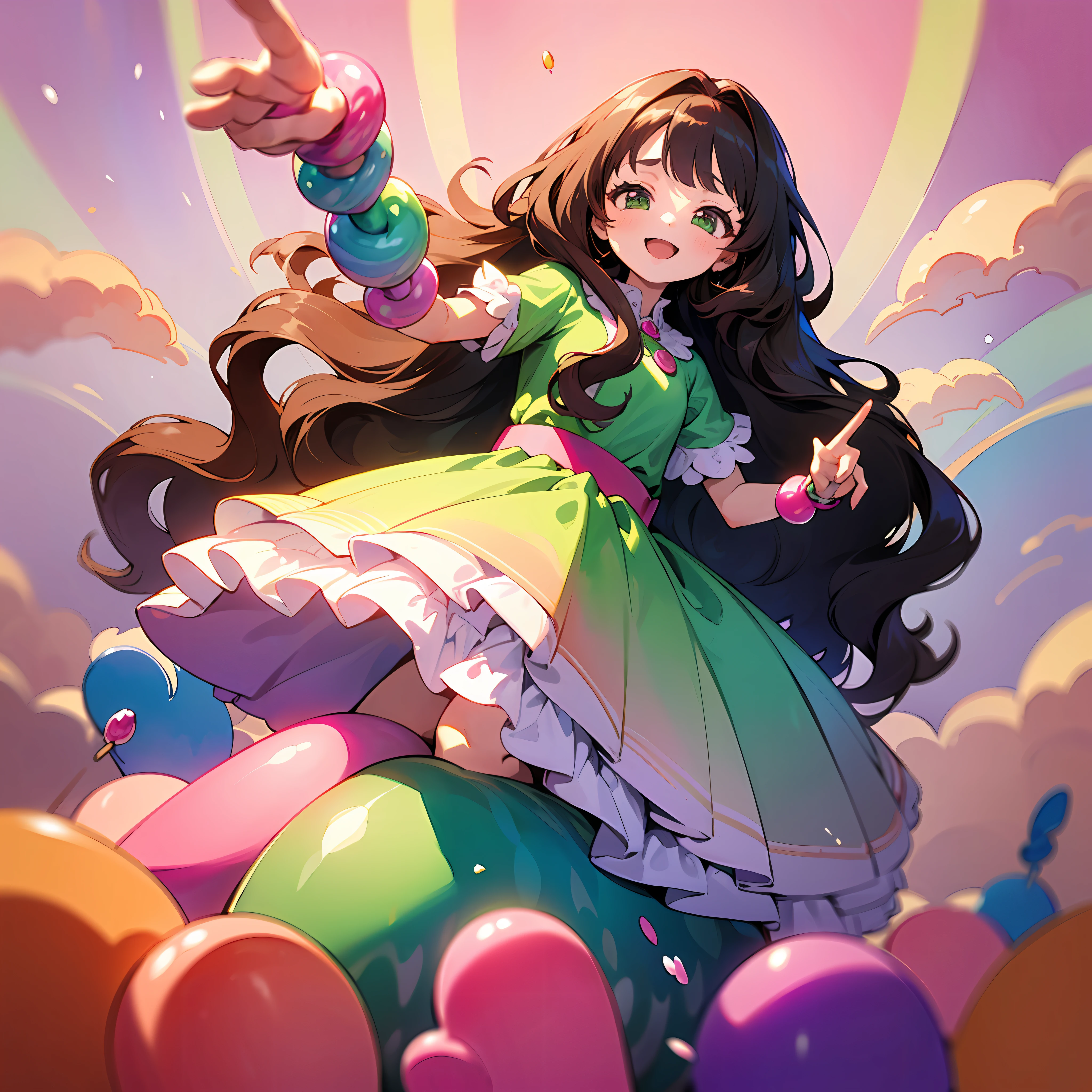 (Masterpiece, High Quality, Watercolor, Magical Light Green Dress, 5-Year-Old Girl, Long Dark Wavy Hair, Happy, Cool Pose, Sweet Pink and Magical World, Flying Unicorns, Many Colorful Candy Around, Smiling, Dignified and Beautiful, Clear Focus, Melon Seed Face) --auto