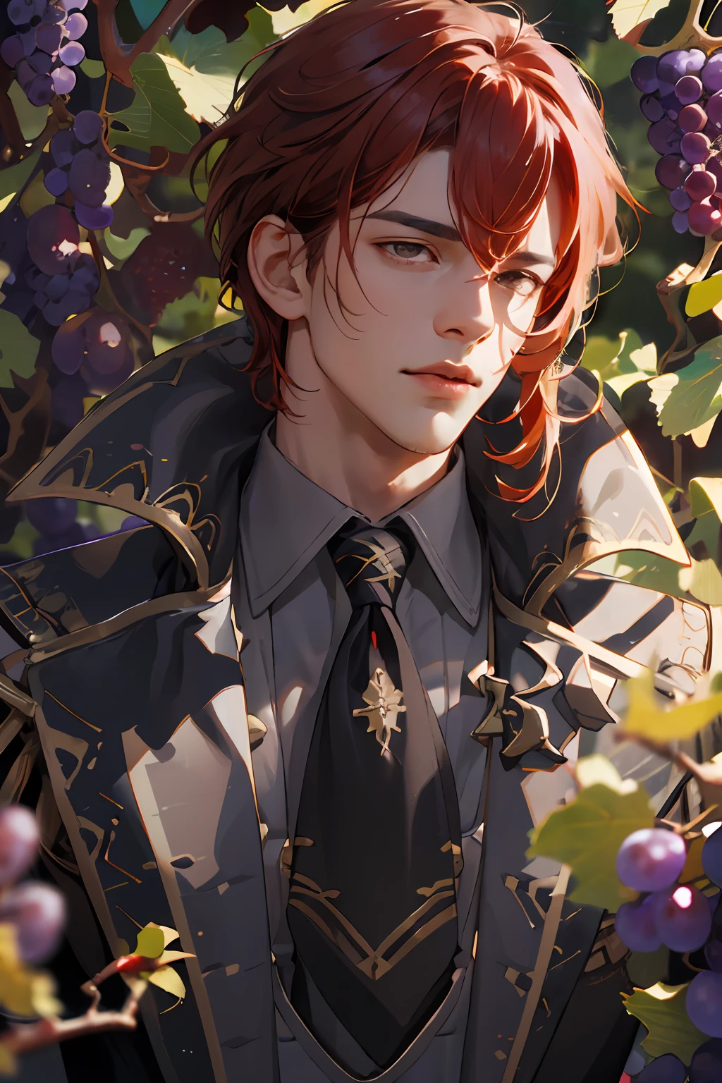 extremely delicate and beautiful, Amazing, finely detail, masterpiece, ultra-detailed, highres,best illustration, best shadow,intricate,sharp focus,  high quality, 1 male solo, ((mature)) handsome, tall muscular guy, broad shoulders, (((dark red hair))) diluc genshin impact, dark brown coat with fur on the bottom, dark red gloves, black tie, light shirt, dark pants, big boots, (((grape vines))) grapes on background and foreground, grape berries, standing outside in a garden, sunny day, grape growing everywhere