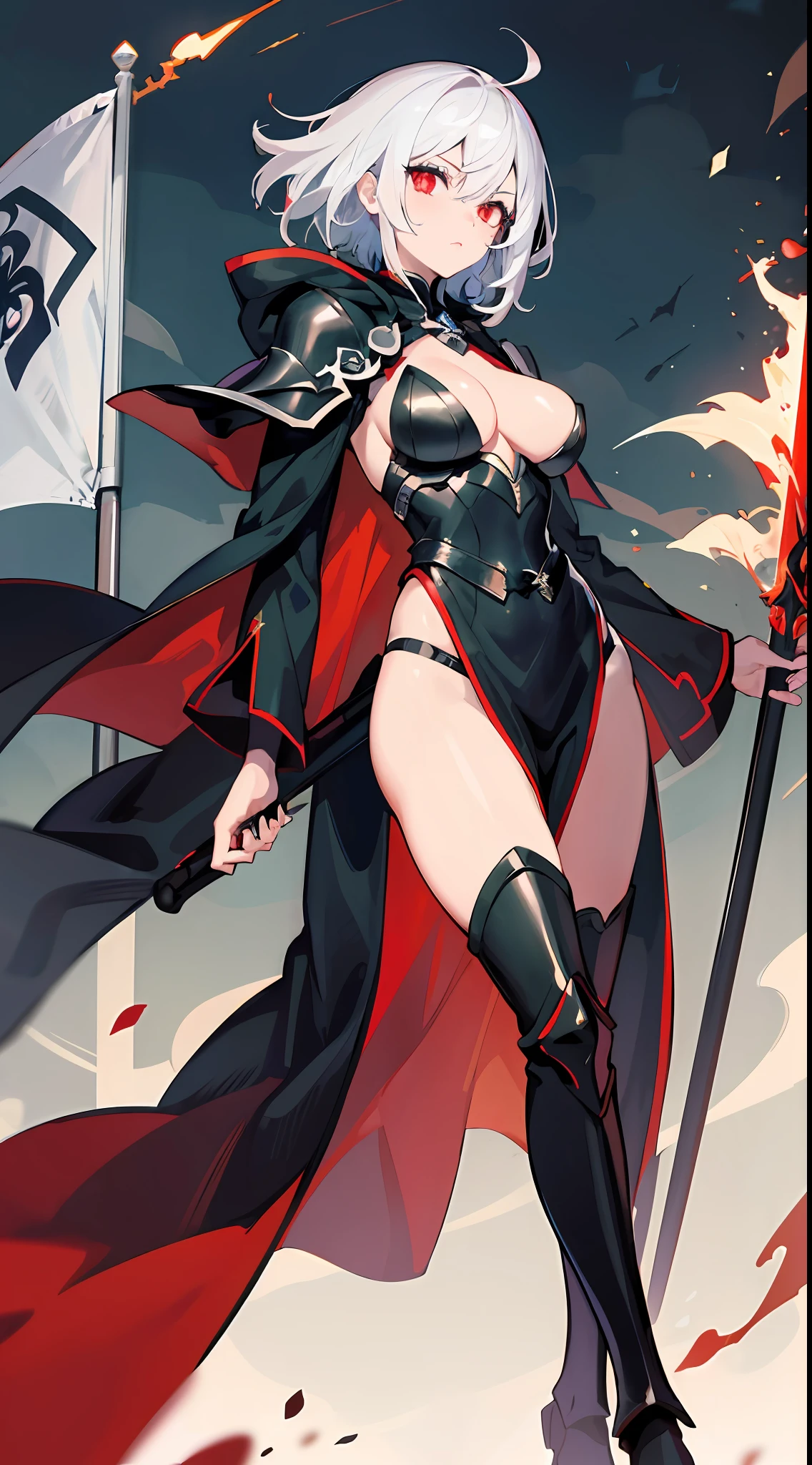 1girl, sharp white hair, sharp green and 1 red eyes, wearing full black armor and radiating dark aura, dark paladin, 8k, holding a flag spear, wearing black robes with hood and epic black paladin super armor, wearing general robes and she is greater tanker, she is a hero who fall to the darkness. In under her look blood everywhere, she have sharp stare or murder stare, she is the royal servant of god Destruction, she have medium boobs