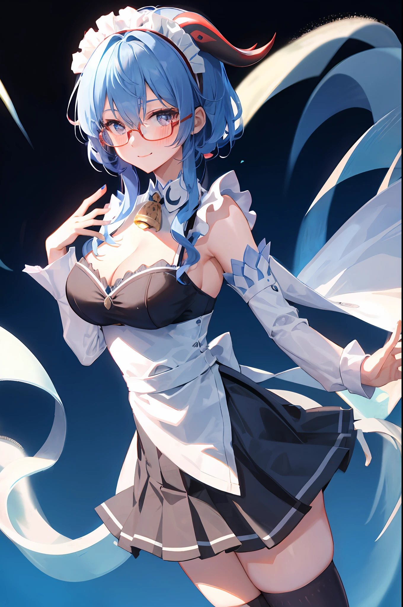 Ganyu, 1girl, solo, maid uniform, meidofuku, maid, maid costume, maid hairband, cool glasses, black thighhighs, breasts, cleavage, simple background, pleated skirt, hair between eyes, large breasts, long hair, looking at viewer, light blue hair, blue short nails, solo, thighhighs, thighs, ((masterpiece)), standing, sexy pose, blush, shy, smile, closed mouth, white background, detailed hand, beautifull finger,