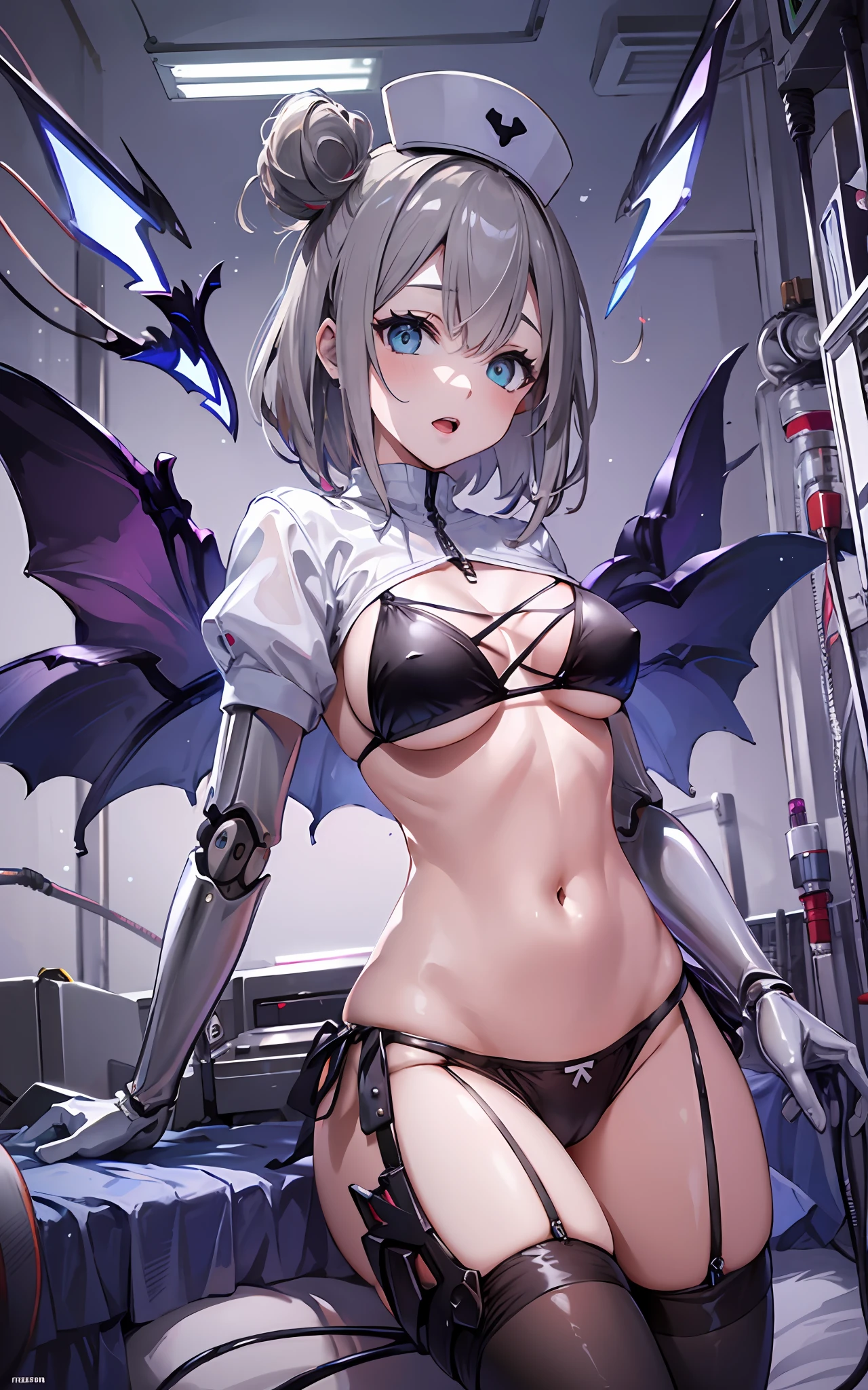 masterpiece,1girl,solo, (mechanical wings:1.4),  open mouth, (mechanical arms:1.3), (mechanical legs:1.3),mecha musume, black_bikini,navel,no pupils, mechanical parts, hospital bed, hospital,big syringe,