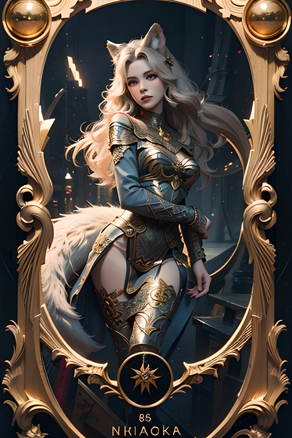 Tarot card style, high quality detail art, 8K HD illustration, mysterious wolf pattern, circular composition, flowing lines, gorgeous painting style, super fine painting, mobile wallpaper, digital art style, intricate texture, unique CGI style, gorgeous details, fantasy wolf portrait, 3D digital art, Nikita Viprikov. --auto