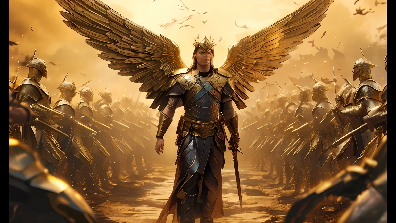 a close up of a person with a sword and wings, archangel, winged human, biblical epic movie, the god emperor of mankind, gold wings on head, in screenshot from the 300 movie, angelic golden armor, nephilim, still from a fantasy movie, gold wings, angel in plastic armor, angel of verdun, style of raymond swanland