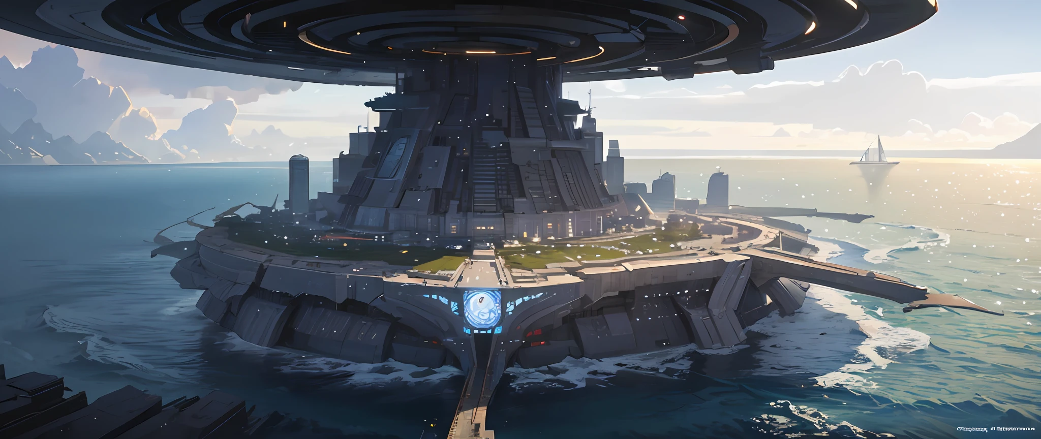 Tech architecture on the ocean ring-shaped island, cyberpunk, utopia, big scene, hyperrealism, ultra-detailed, 8k, painted in Greg Rutkowski style