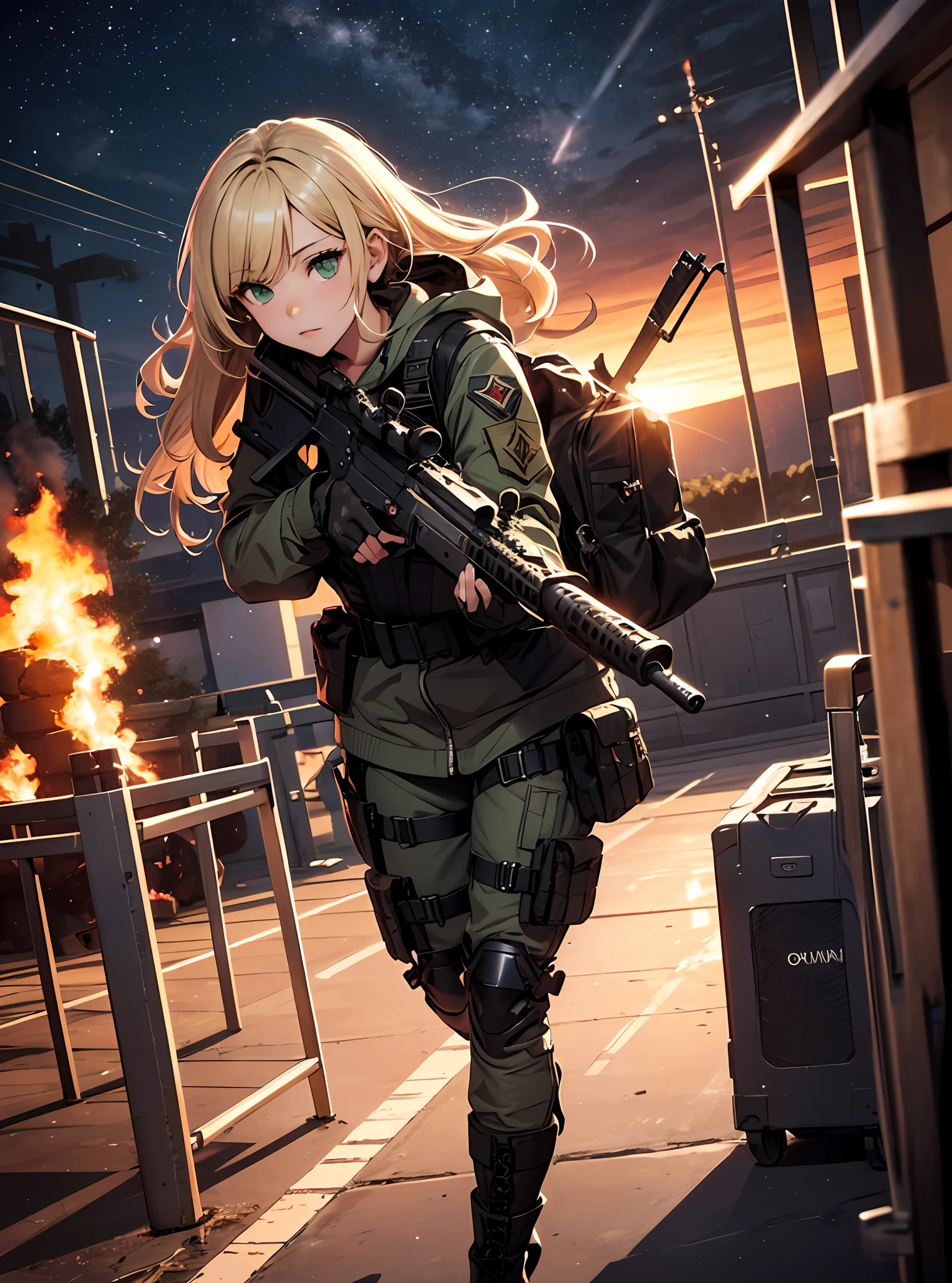 {{Masterpiece, top quality, highly detailed CG, 16K, movie lighting, lens flares}}, one girl of a special forces operative, (aiming a huge rifle), (wide view), thick body, Photorealistic: 1.4, long blonde hair, green eyes, aiming, ((Boarding gate of combat helicopter: 1.6)), SWAT, night footage, the sky clouded by plumes, plumes rising from flames, from above, aiming, rifle aiming, lock-on, rifle knee shooting, full body shot