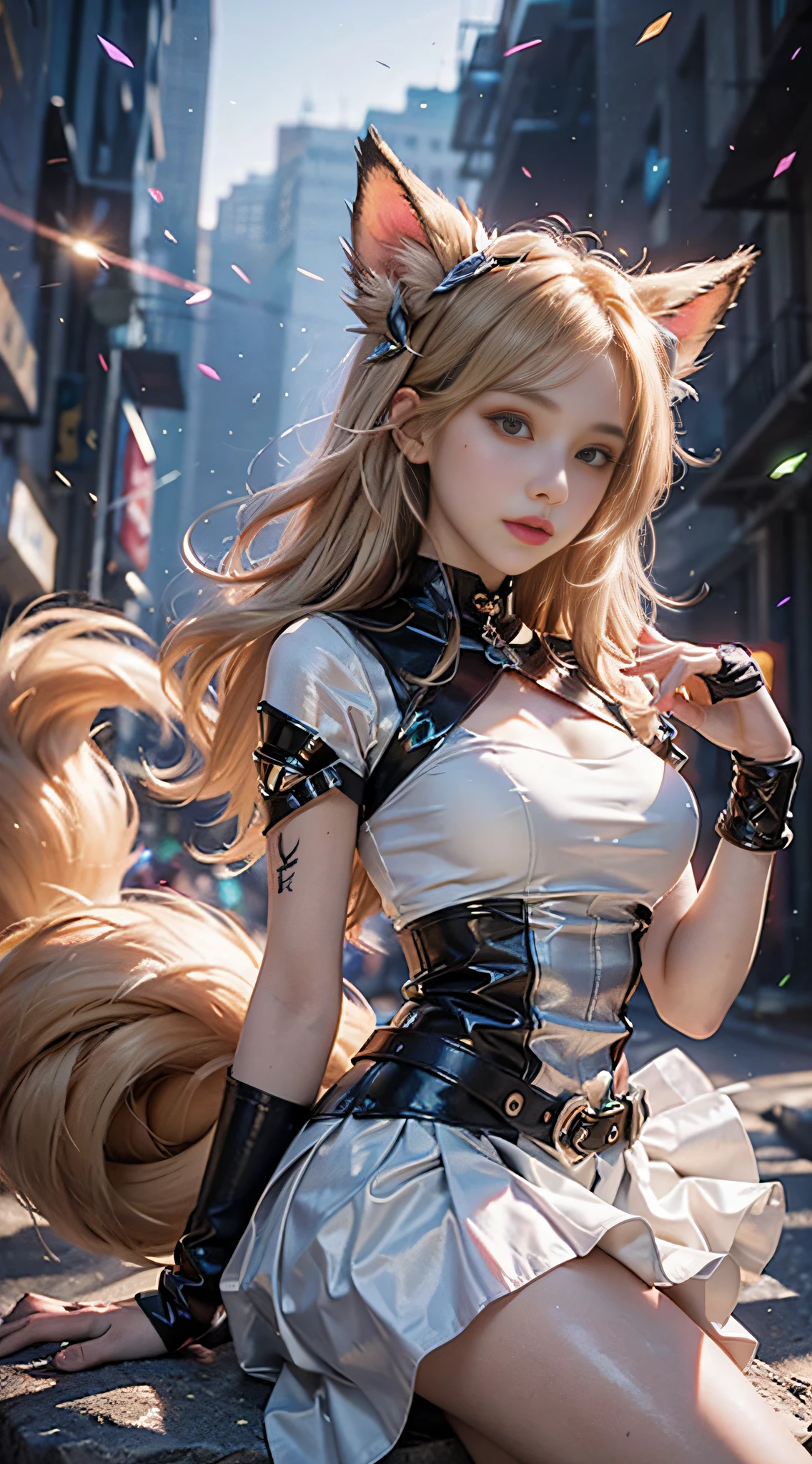 Super Resolution, (Realism: 1.3), 1 (Slim: 1.2) Girl, Solo, Looking at the Audience, League of Legends, A Beaver, KDA A Beaver, Blonde Hair, Fox Ears, Fox Tail, Clothes Wrapped Upper Body, Blue Long and Short Skirt, White Long Skirt, Laser Sense, Super Perfect Face, Perfect Eyes, Good Looking, Crystal Tail, Lots of Tails, Perfect Eyes, Multi-layer Texture, Albedo and Highlight Maps, Surface Coloring, Two-color Light, Large Aperture, Low ISO, White Balance, The background is a high-tech lighting scene in the future city