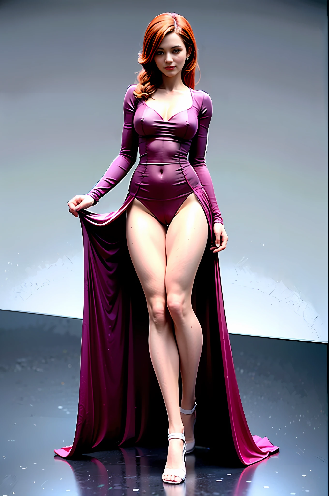 A photograph of a young Swedish woman, wearing a satin dress with the hem pulled up to reveal silk panties underneath. Her legs are spread coyly so we can glimpse her mons pubis. (Perfect body), (anatomically correct), (full body):2.0, (real):2.0, (hyper real):1.5, viewed from eye level, focus on stomach, (head, feet):2.0, red hair,