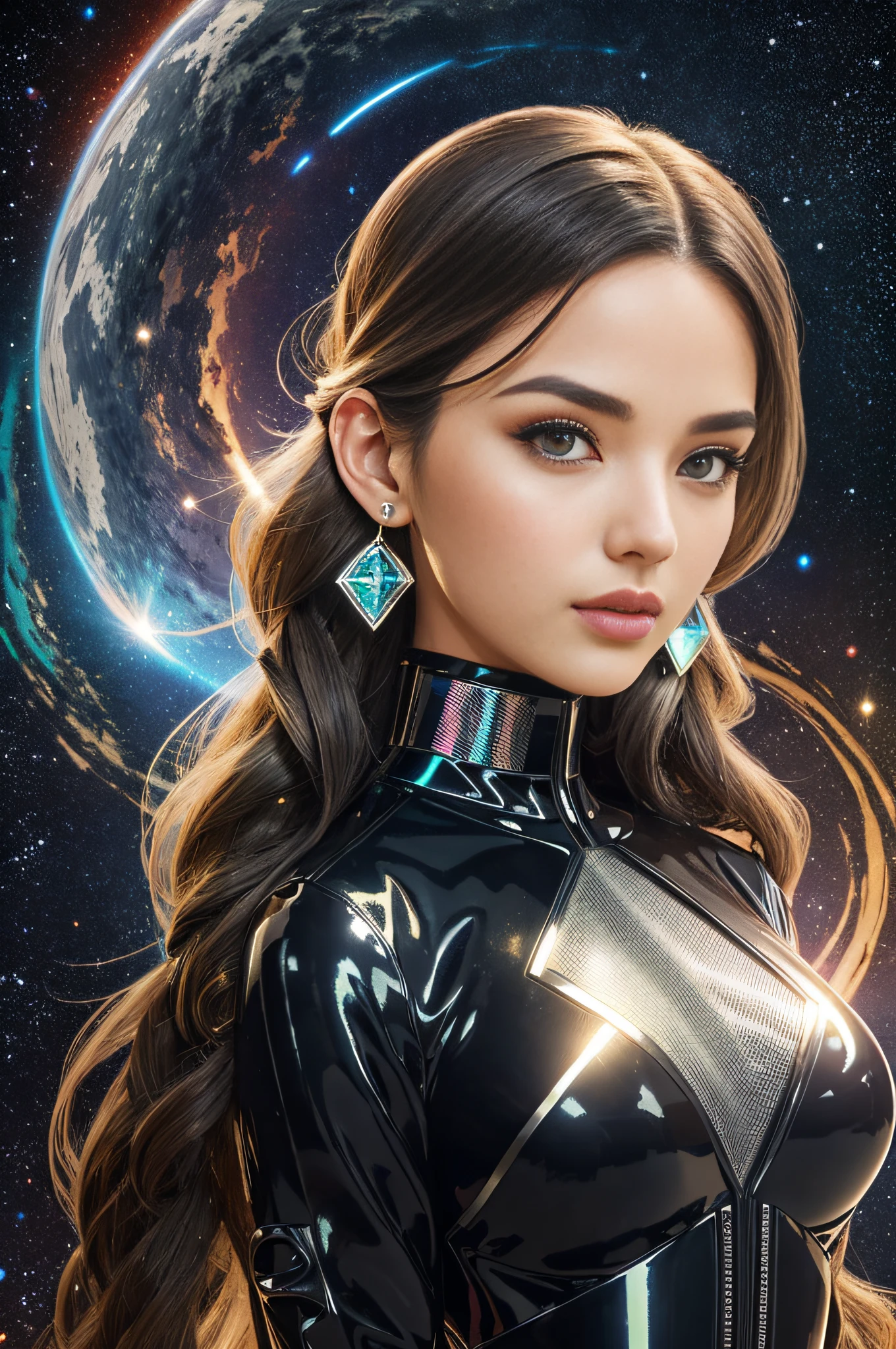 Android-inspired jumpsuit with built-in holographic interface, Madam, Average Height, in shape, Heart-Shaped Face, Olive Skin, White Hair, dark brown Eyes, Long Nose, Thin Lips, Sharp Chin, Long Hair, Wavy Hair, Waterfall Braid, perky breasts, Stud earrings, black metallic lipstick, The grandeur of a supermassive black hole, with its gravitational pull distorting the fabric of space itself