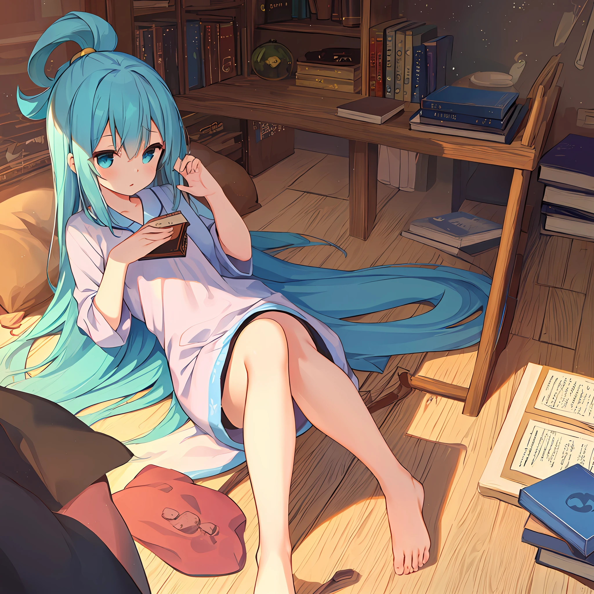 (masterpiece, best quality), beautiful girl, (kawaii:1.1), girl, pajamas, aqua_konosuba, long hair, blue hair, holding a book, lying on her back, cross-legged, perfect anatomy