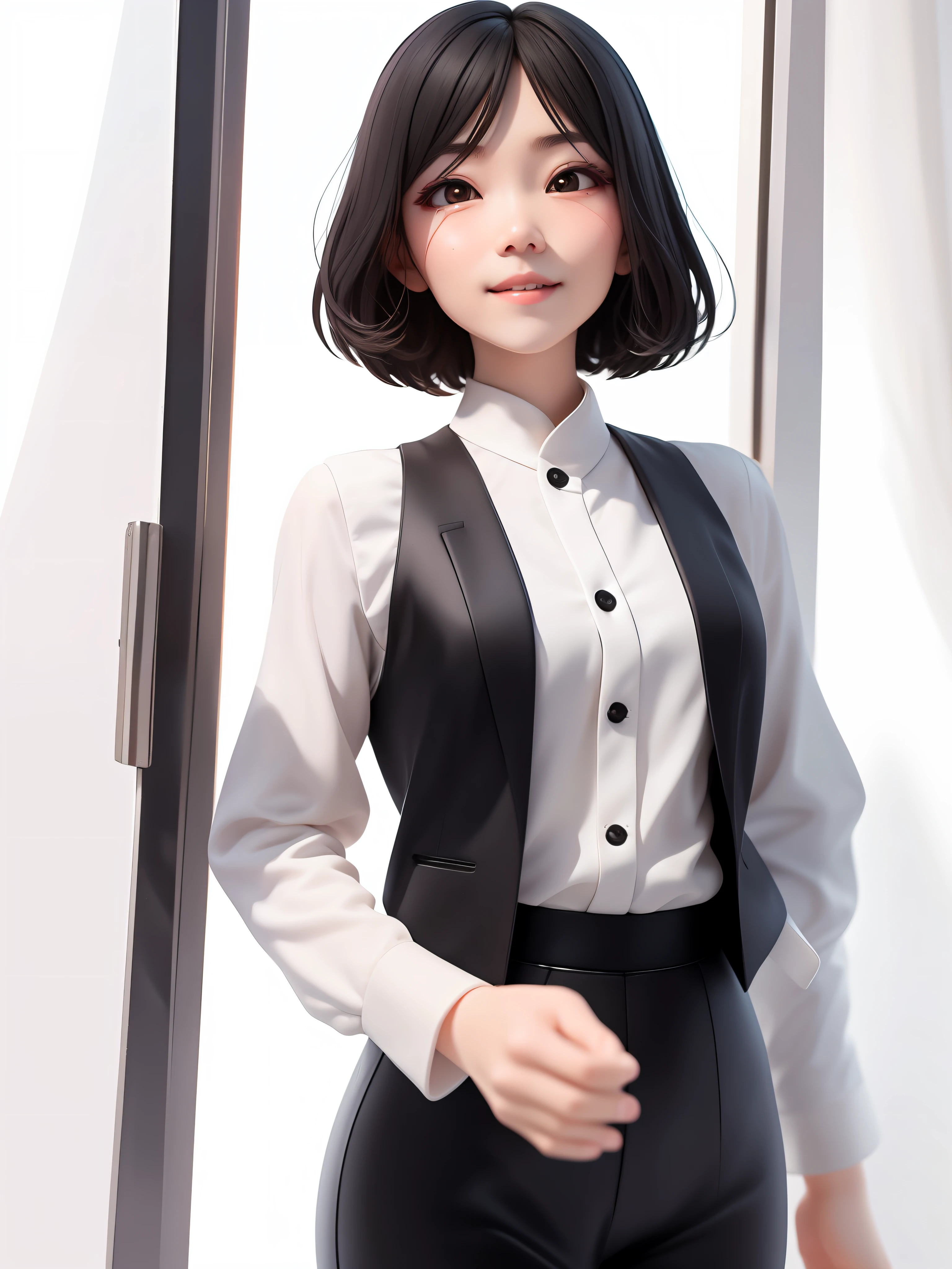 (Masterpiece), (Best Quality), (Ultra Detailed), (Full body: 1.2), 2.5 head-to-body ratio, chibi, cute, morning light, white background, front view, bokeh, supersaturated, color contrast: 1.1, surreal, digital art, art station, 1 girl, smile, short black hair, black eyes, blush, small, (beautiful detailed face), Chen Xintong, inspired by Cheng Jiasui, inspired by Ma Yuanyu, with short hair, long sleeved white shirt, black sleeveless long suit vest, suit, white background, monochrome background, standing by the window