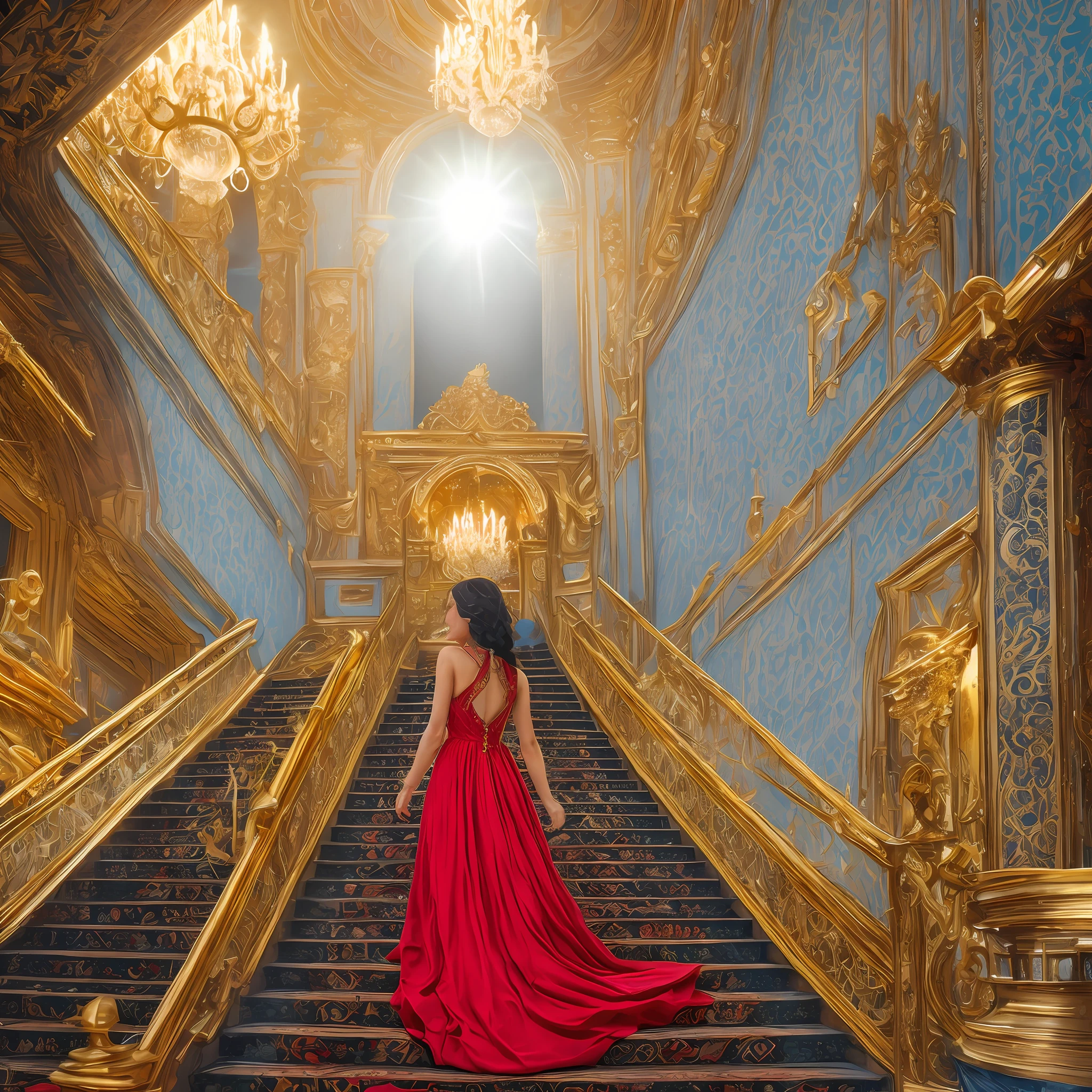 Princess enchanted with long black hair, blue eyes, perfect iris, smile on happy face, with long red dress, descending a staircase of a Palace, with golden stairs and decoration and back of high luxury, perfect image, realistic --auto