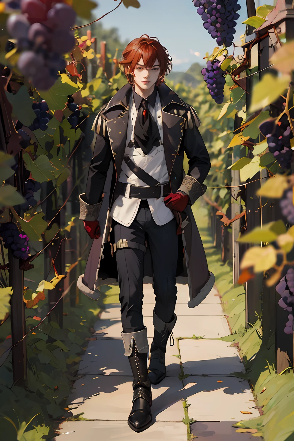 extremely delicate and beautiful, Amazing, finely detail, masterpiece, ultra-detailed, highres,best illustration, best shadow,intricate,sharp focus, high quality, 1 male solo, ((mature)) handsome, tall muscular guy, broad shoulders, (((dark red hair))) diluc genshin impact, dark brown coat with fur on the bottom, dark red gloves, black tie, light shirt, dark pants, big black boots, (((grape vines))) grapes on background and foreground, grape berries, walking outside in a garden, sunny day, grape growing everywhere