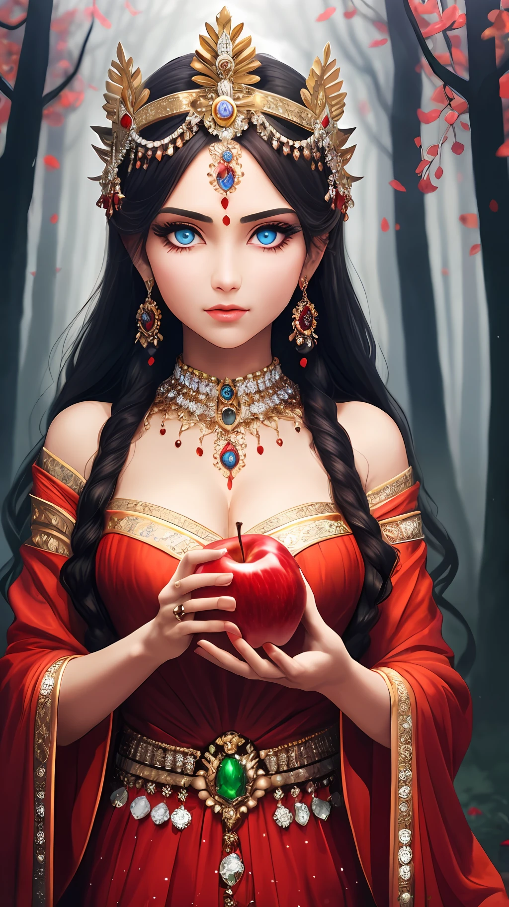 Eligant goddess holding out a pearcing red apple on her soft fair hand. She looks at it with a soft beautiful face and piercing blue eyes. In the background is an eerie foggy forest with red eyes glowing in the shadows