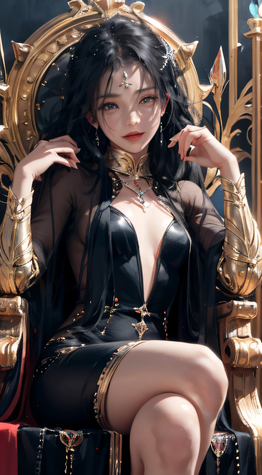 Classic background, Queen of Darkness sitting on a throne, facing the viewer, one hand on the chin, blue eyes, mischievous laughter, bright eyes, black hair, long wavy hair, princess, elegant long red and purple dress, from below, dynamic, wlop, pulpura and scarlet spirit, precious goddess sitting on throne, mist, mystery, epico, fantasy,