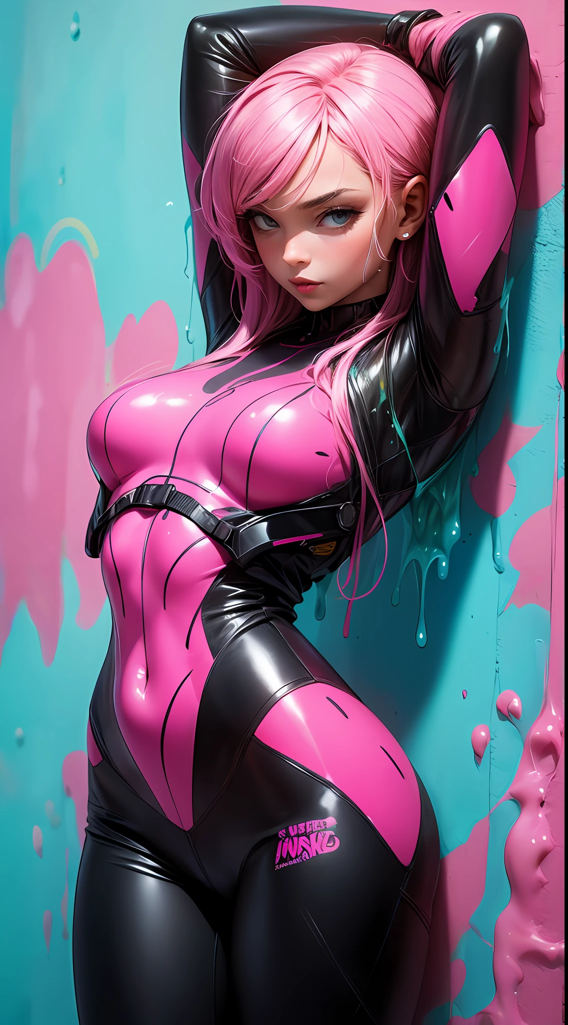 slime woman, peerless beauty, fair skin, pink slime body translucent, front, street graffiti wall, graffiti, paint explosion, laser suit, stretch body