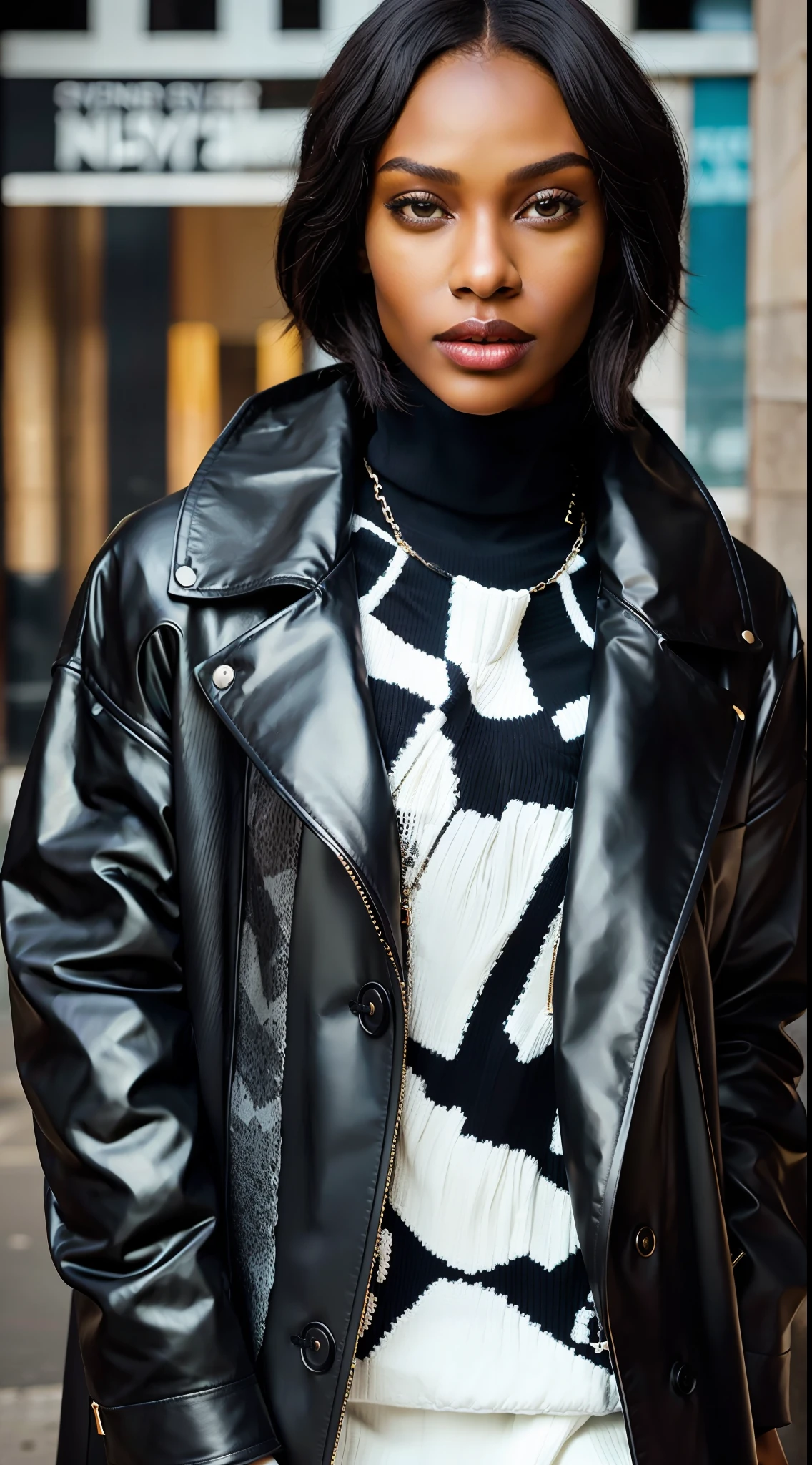 A black model with African facial features posing elegantly for a digital magazine cover editorial photo, (wearing winter clothes), ((turtleneck shirt with overcoat)) ((synthetic jaguar skin)), realistic colors, symmetrical, detailed, haute couture, ultra detailed finishes, cute look, intricate details, photo editorial style of magazine cover, high fashion, apply editorial environment, masterpiece, highest quality, ultra detailed, high def,