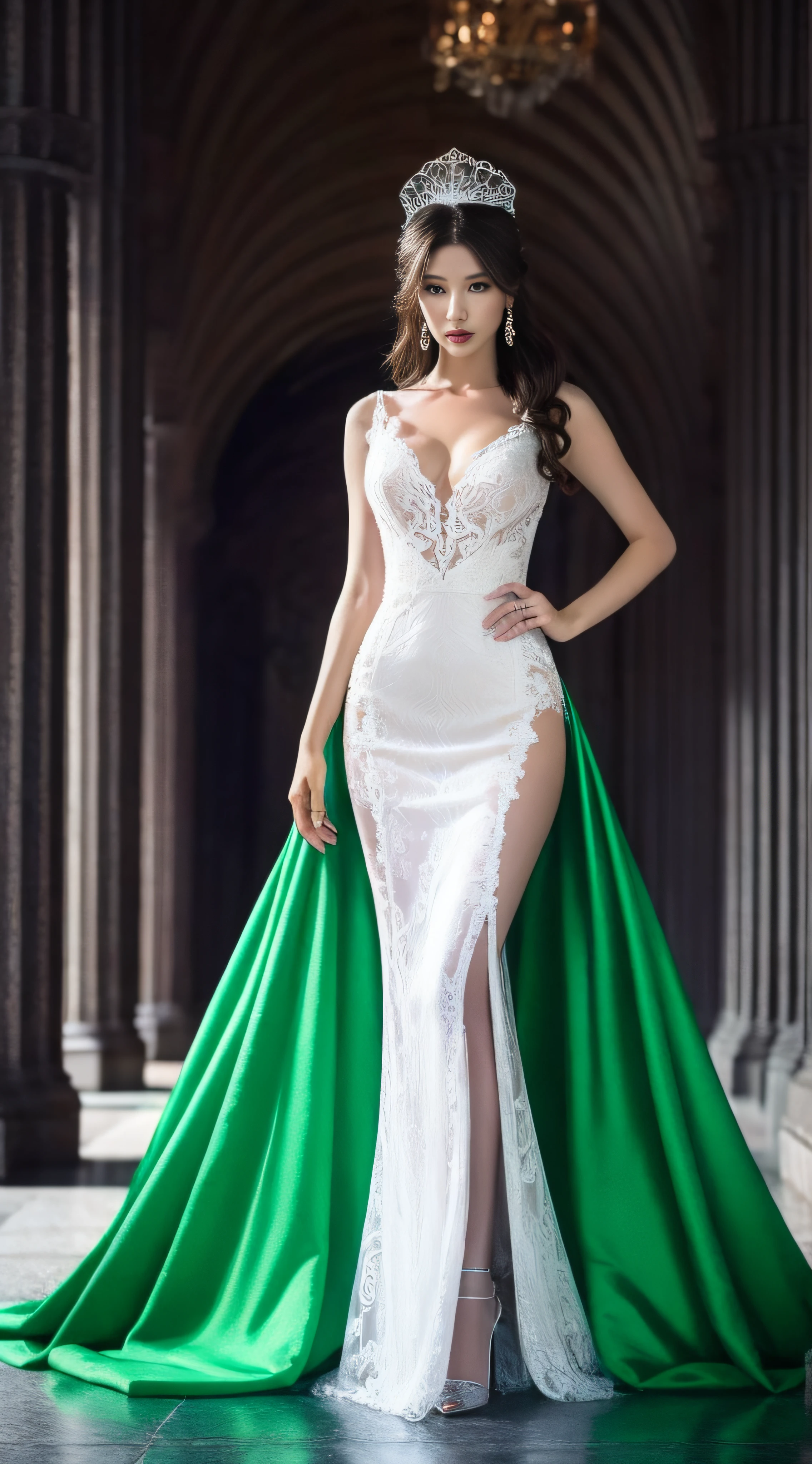 A full body, full shot, detailed and detailed extremely beautiful slender graceful y bride, in a red-black wedding dress with intricate lace patterns and sparkling Swarovski crystals and a beautiful long black veil with intricate patterns, stands in the shade among the columns of a beautiful building, a beautiful side soft daylight falls on her, forming a light and shadow in the center of the body on the face and body, the bride holds the wedding dress with her hands, the pose is beautiful sexith s-shaped curves of the body, shoes on a red stiletto heel with intricate patterns, the bride’s face is European ideal beautiful proportions neat facial features, eyes bright green-blue eyelashes long and fluffy, body type of the bride endomorph slender and graceful height 175 cm, legs slender and longer than the body in proportion, hands graceful in precious jewelry, on the bride’s head a wedding tiara with beautiful diamonds, skin natural detailed, skin pores, skin natural shine, skin color perfect, cheeks slightly rosy, detailed and detailed wavy long light hair to the knees beautifully loose, lighting side daylight soft, hyper detail, sharp focus, hyper photorealism, hyper naturalistic, style Jerry Ghionis