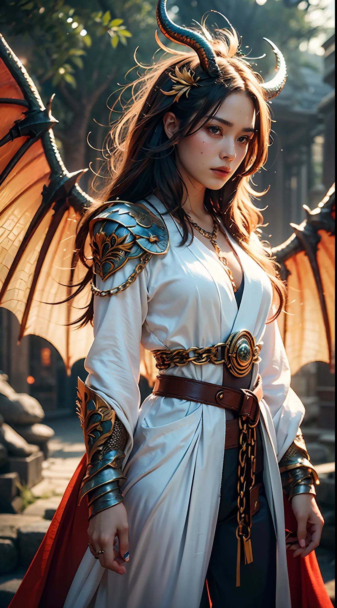A beautiful girl with a rainbow dragon, ((girl wearing a long robe)), (wearing chain mail: 1.4), (long cloth pants: 1.2), (chain mail with dragon scales), long hair, graceful, wisdom, courage, rainbow dragon, scales, horns, flames, wings, dragon claws, dragon protecting the girl, background for ancient forest, mysterious connection, protection, trust, realistic quality, realism, 8k, best quality, masterpiece, cinematic quality, high chiaroscuro, octane rendering