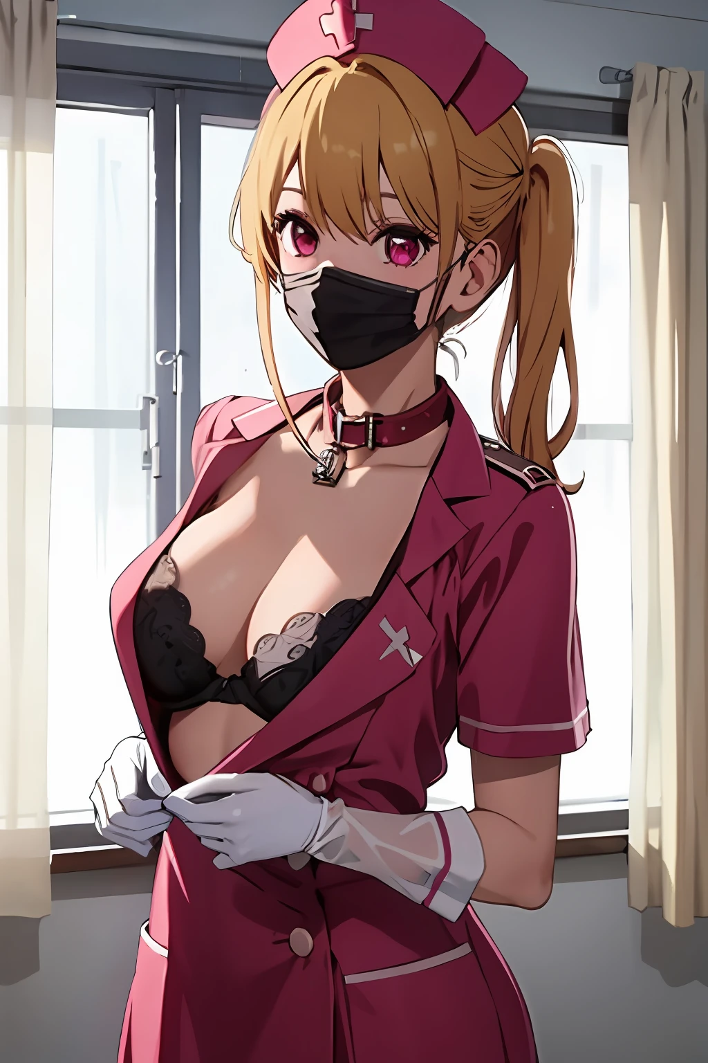 (((masterpiece))), ((best quality)), detailed, solo, 1 girl, Hoshino Ruby, fine lingerie, (rain), chest curtains, nurse's cap, latex gloves, surgical mask, sexy pose, neck collar, dog leash around neck,