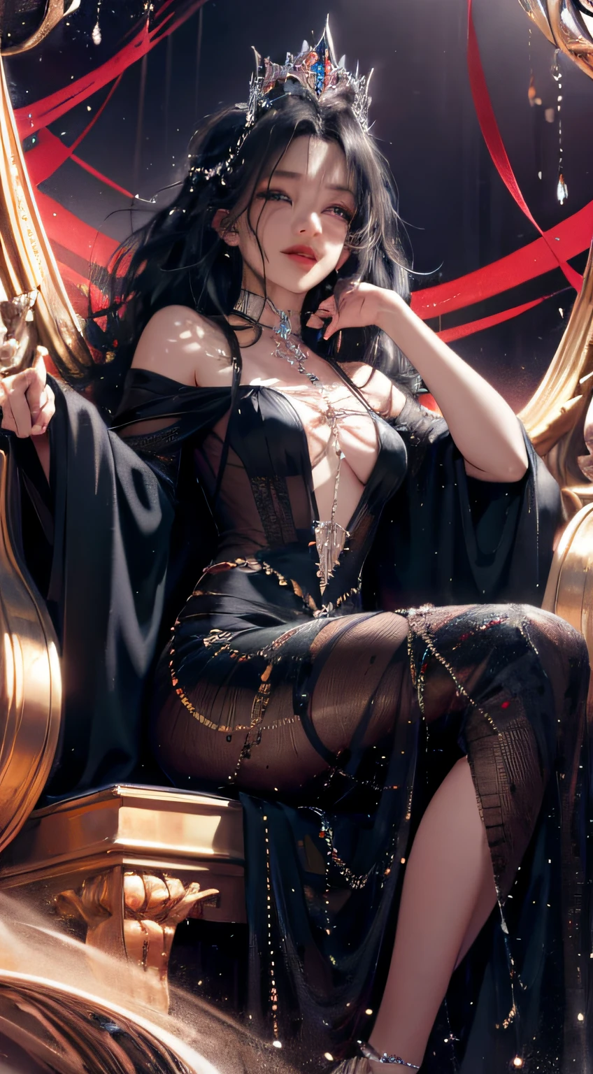 Classic background, Queen of Darkness sitting on a throne, facing the viewer, one hand on the chin, blue eyes, mischievous laughter, bright eyes, black hair, long wavy hair, princess, elegant long red and purple dress, from below, dynamic, wlop, pulpura and scarlet spirit, precious goddess sitting on throne, mist, mystery, epico, fantasy,
