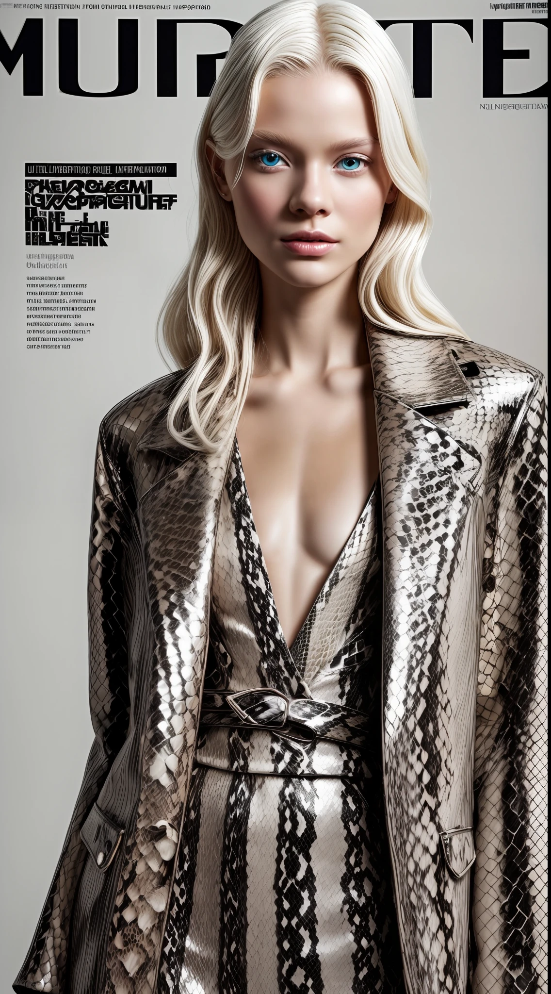 a model ((albino, hypopigmentation))with Nordic facial features posing elegant for editorial photo of digital magazine cover, wearing winter clothes, overalls pyton snake leather ultra modern checkered, vivid colors intense, detailed, haute couture, ultra detailed finishes, cute look, intricate details, photo editorial style of magazine cover, high fashion, apply editorial environment,  masterpiece, highest quality, ultra detailed, high definition,