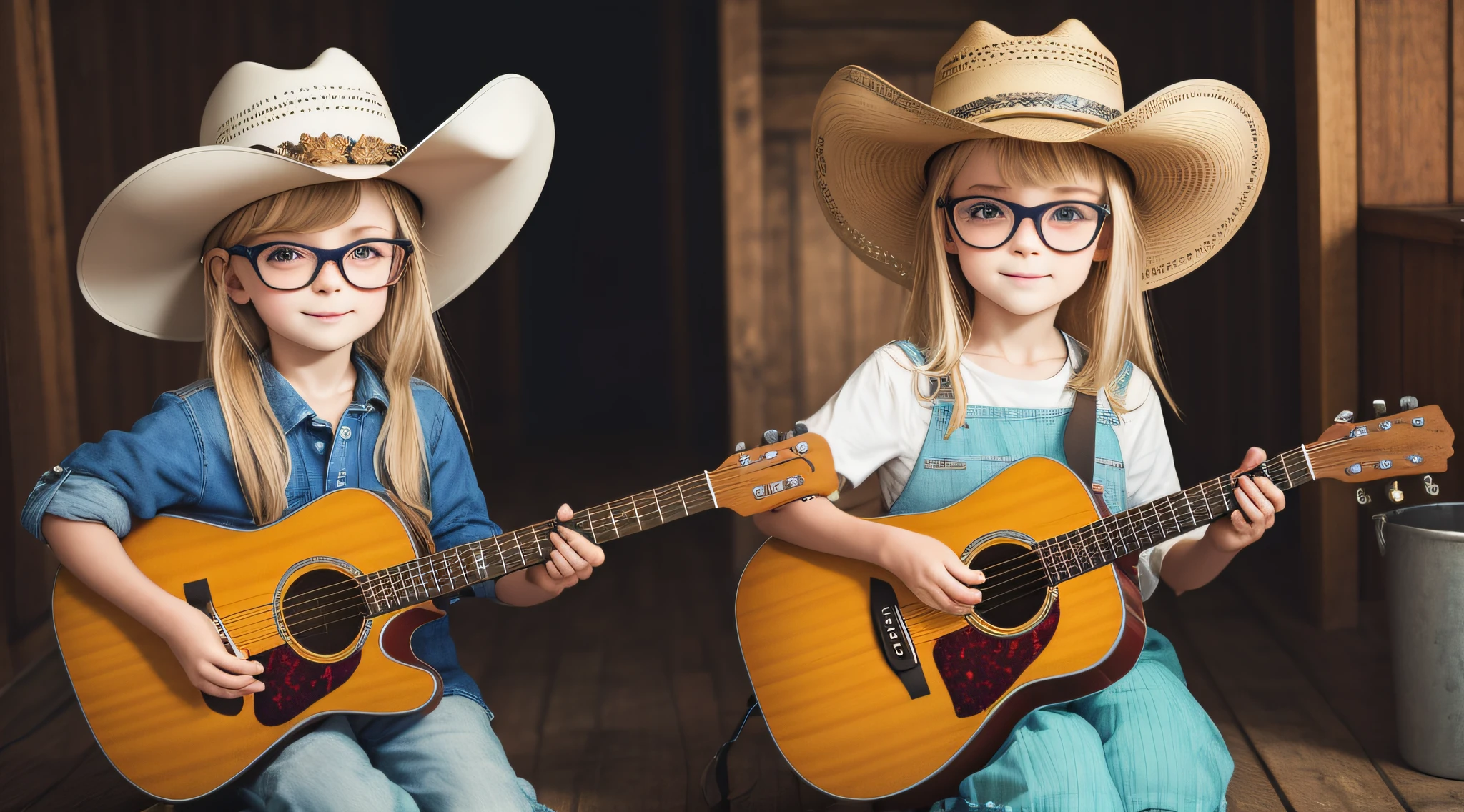 10 year old Russian child girl, close up, PORTRAIT, with long blonde hair, in a cowboy hat playing a guitar in a barn, wearing cowboy hat, photo shoot, wearing a cowboy hat, promotional photo, and a cowboy hat, cowboy hat and glasses, pr shoot, photo of a promotional session,  TV still, photo - shooting, cowboy shot, shaded, country