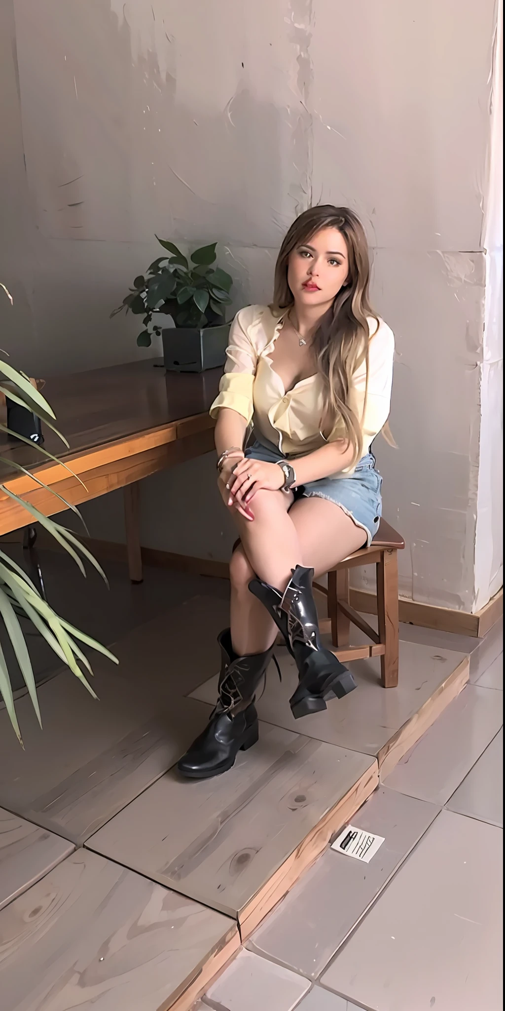 there is a woman sitting on a chair in a room, cowgirl, wearing a camisole and boots, cow-girl, profile image, by Nándor Katona, 🤠 using a 🖥, country style, western cowgirl, she wears boots, white blouse and gothic boots, profile pic, photo shoot, 4k post, 4 k post