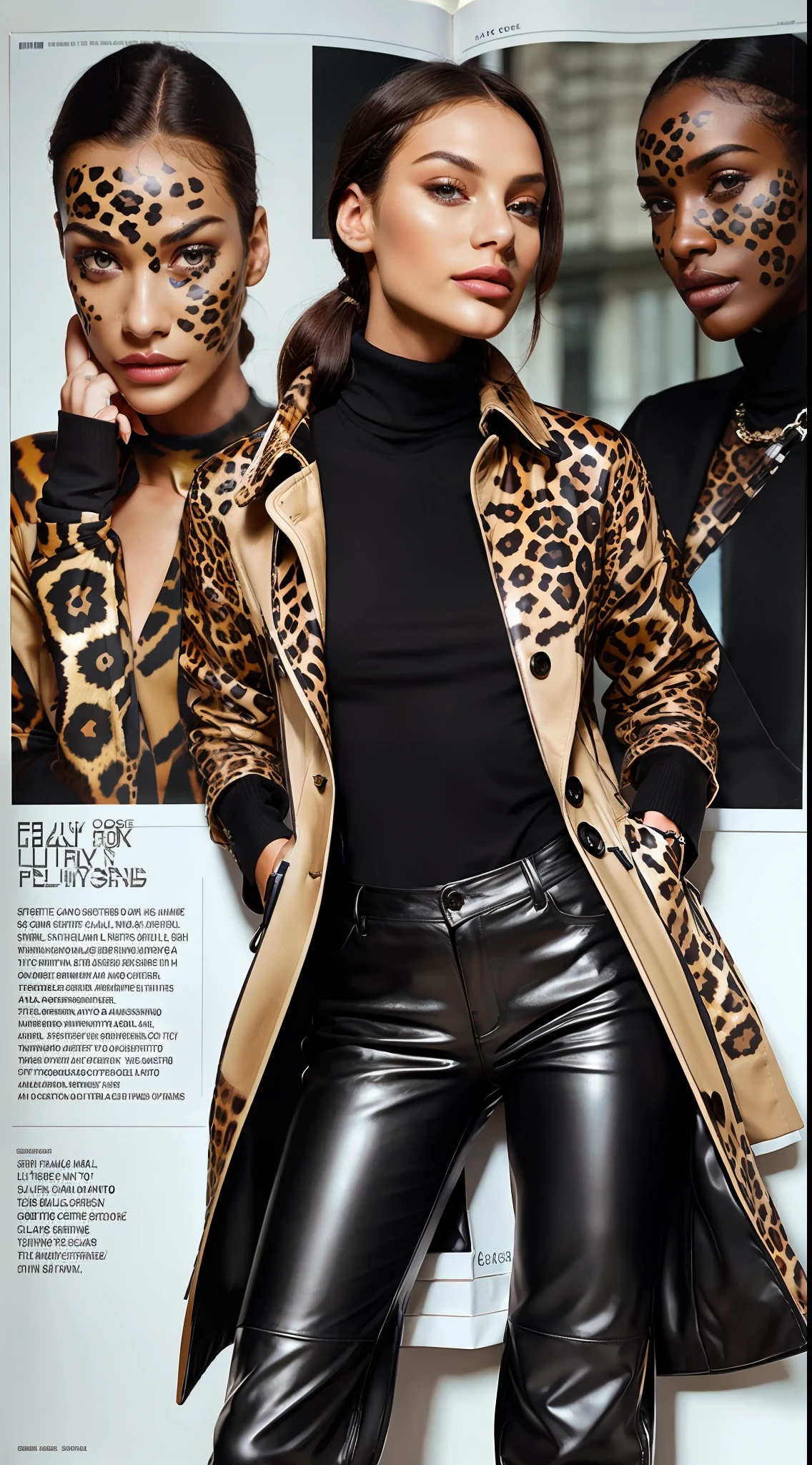 A model (((black))) with African facial features in elegant photomodel pose for digital magazine cover editorial photo, (wearing winter clothes), ((turtleneck shirt with overcoat)) ((synthetic jaguar skin)), realistic colors, symmetrical, detailed, haute couture, ultra detailed finishes, cute aspect, intricate details, photo editorial style of magazine cover, high fashion, apply editorial environment, masterpiece, highest quality, ultra detailed, high def,