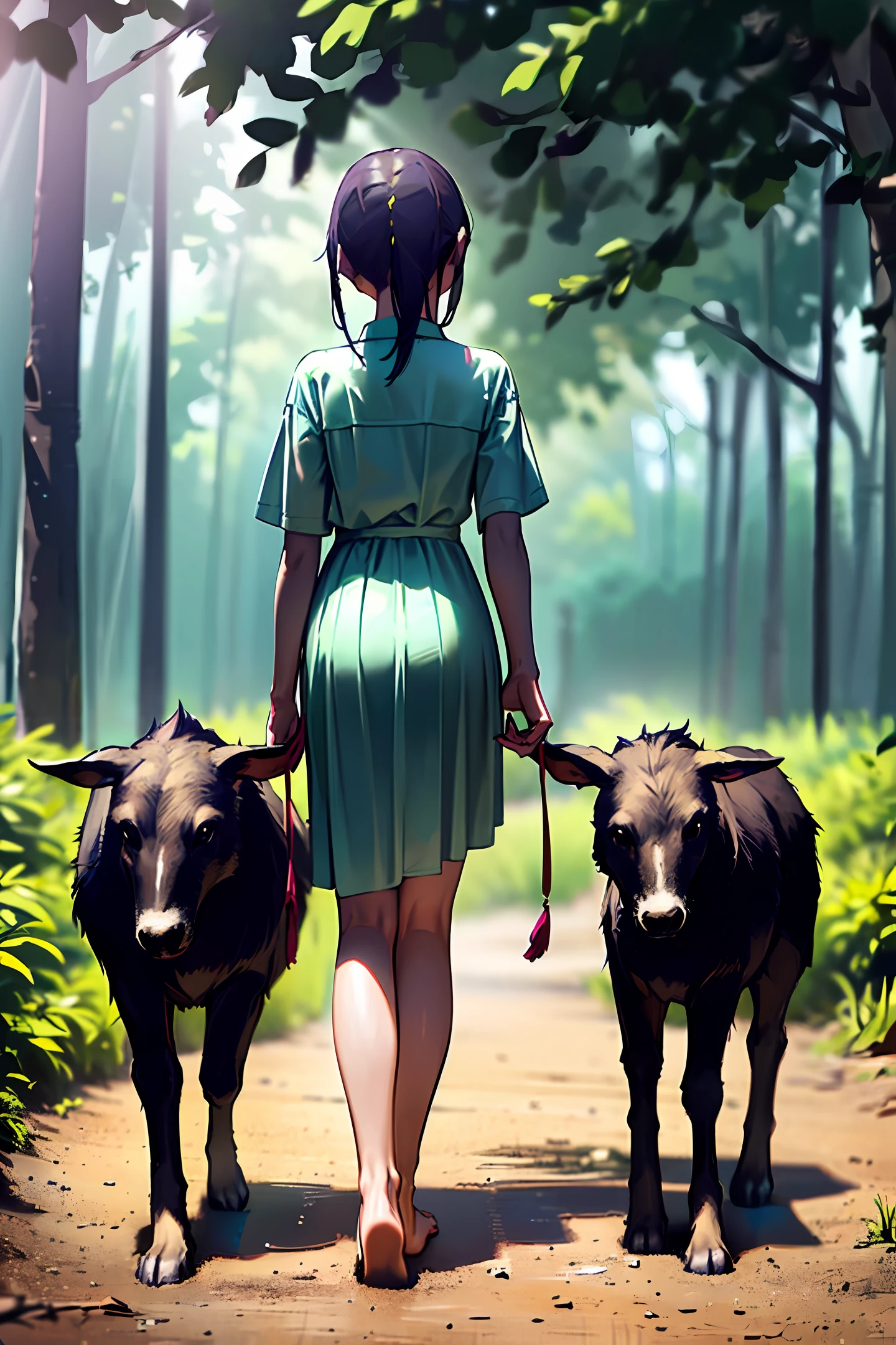 A skinny girl low  wearing a green dress with lots of details she walks barefoot her shade of Pele and brunette (she and the guardian of the forest), ( the character is walking on the water and playing with the magical animals of the forest)