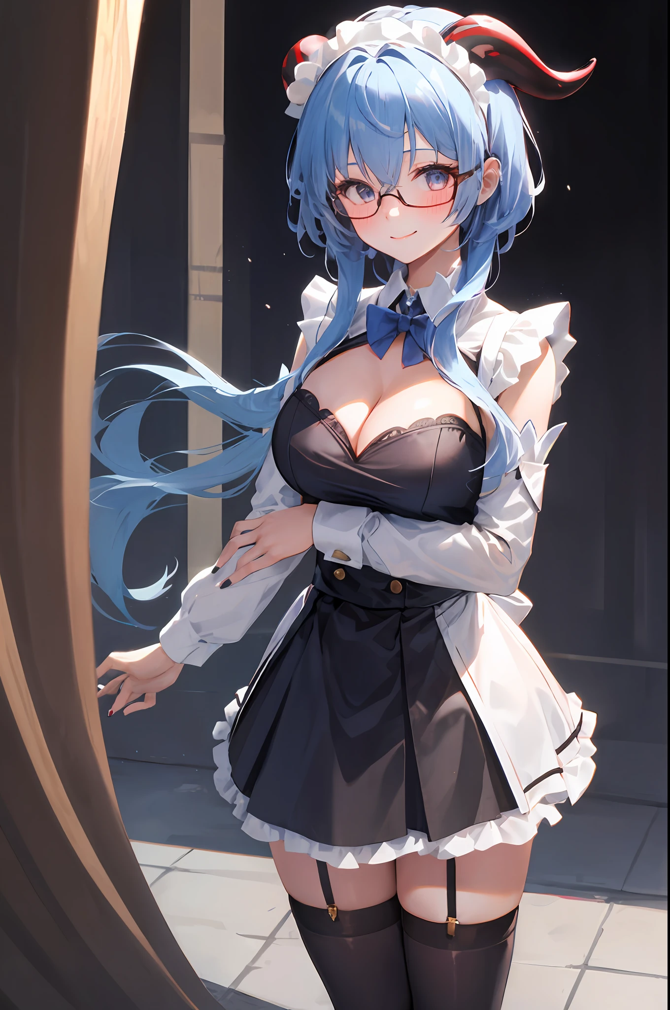 Ganyu, 1girl, solo, maid uniform, meidofuku, maid, maid costume, maid hairband, cool glasses, black thighhighs, breasts, cleavage, simple background, pleated skirt, hair between eyes, large breasts, horn, long hair, looking at viewer, light blue hair, blue short nails, solo, thighhighs, thighs, ((masterpiece)), standing, sexy pose, blush, shy, smile, closed mouth, white background, detailed hand, beautifull finger,