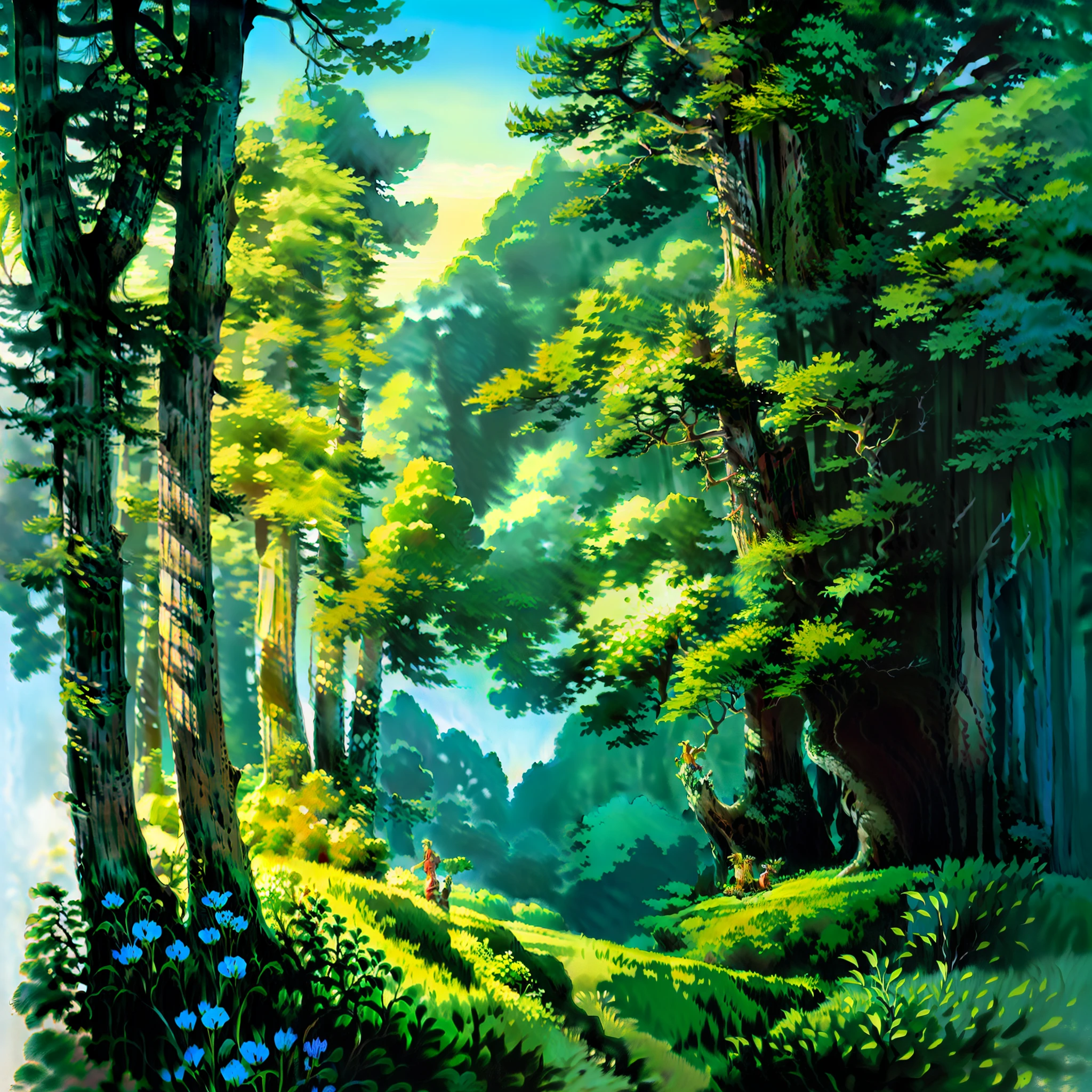 illustration of a forest, tall trees, fairy tale, fantasy, some flowers, wide view, studio ghibli, happy day with sun
