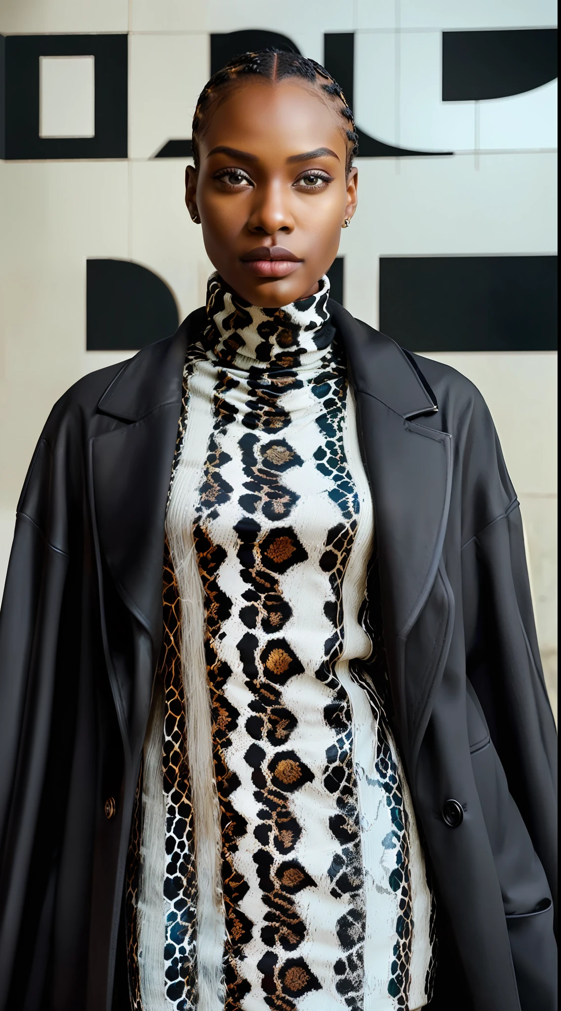 (((A black model with African facial features))) in elegant photomodel pose for digital magazine Editorial Editorial Photo, (wearing winter clothes), ((((turtleneck shirt with overcoat))) ((synthetic jaguar skin)), realistic colors, symmetrical, detailed, haute couture, ultra detailed finishes, cute look, intricate details, photo editorial style of magazine cover, high fashion, apply editorial environment, masterpiece, highest quality, ultra detailed, high def,