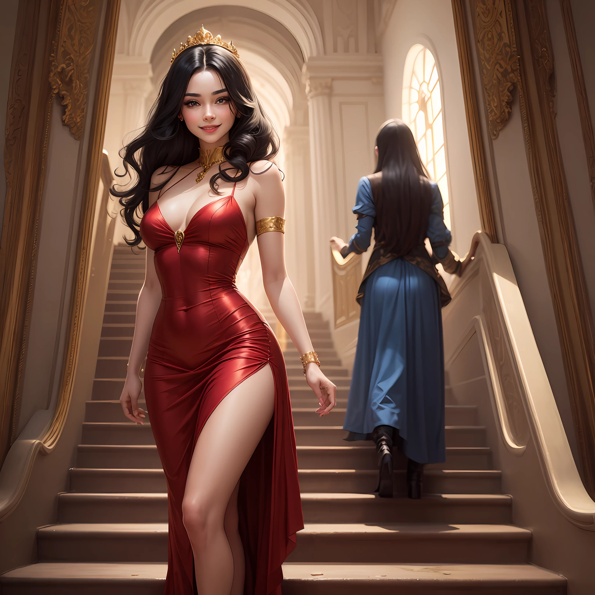 Princess enchanted with long black hair, blue eyes, perfect iris, smile on the happy face, with long red dress, descending a staircase of a Palace, with golden stairs and decoration and back of high luxury, perfect image, realistic, view from front to image, from front to the spectator