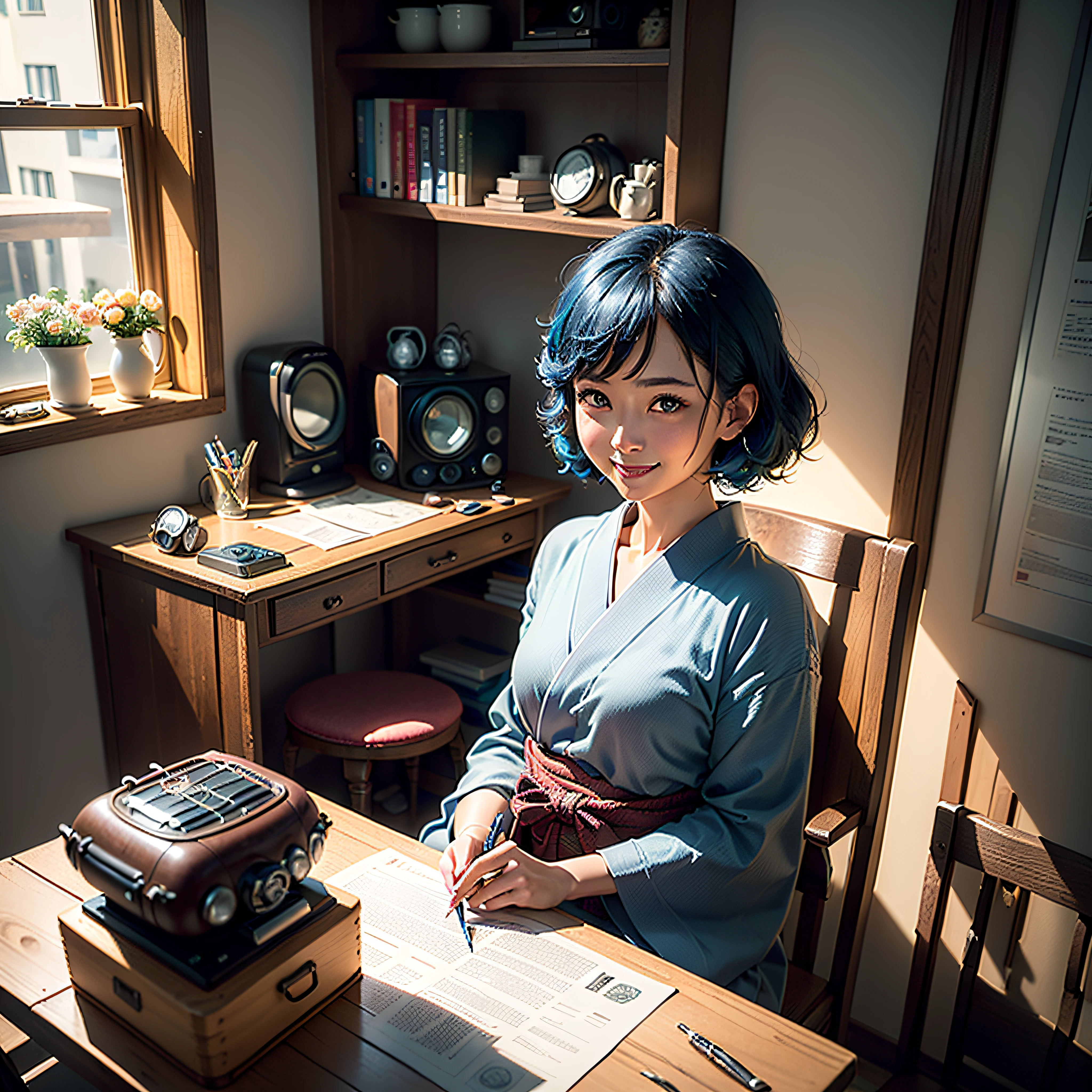 (Masterpiece, highest quality, highest resolution, distinct_image, very elaborate CG, cinematic lighting, ray tracing, drop shadows, detailed detail, (photorealistic: 1.4), high quality textures, fine-grained, realistic face expression): (Girl alone, face is Japan, blue hair, small size breasts, sparkling blue eyes, Eye level shot, happy smile, beauty, slim body, holiday, own room, game console, computer, display, keyboard, mouse, yukata, handgun holder, leather bag, long boots, antique radio, coffee, model train, bookshelf, wooden chair, pot, fan, painting, stuffed animal, tie, notebook, stationery, vase, photo frame, letter, fountain pen, calendar, lamp, cushion, basket, mirror, candle, newspaper, sweets, outside the window you can see the park, telephone, fruit, telescope, retro TV)