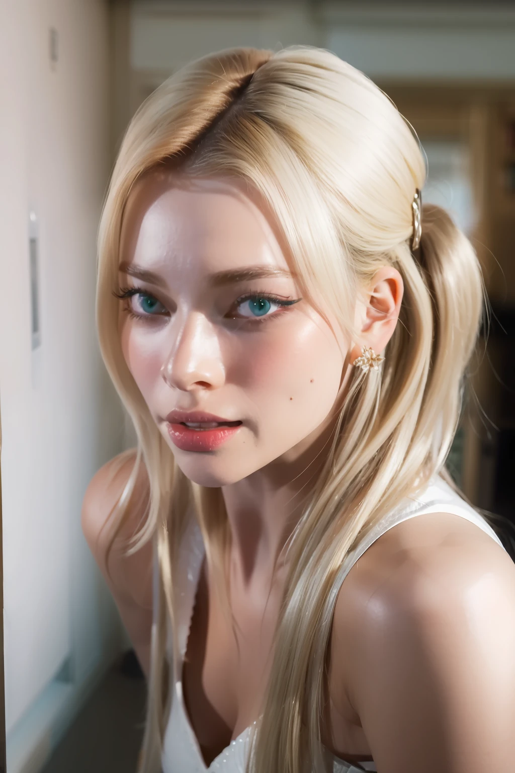 (8k, 4k, best quality, highres, ultra high res:1.1), (masterpiece, realistic, photo-realistic:1.1), 1girl (Margot Robbie), face, close-up, twintails, blonde hair, green eyes, red lips, (looking at the viewer:2), absurdly long hair, long eyelashes, shadow, small face, big eyes,
bare shoulders,
high contrast,