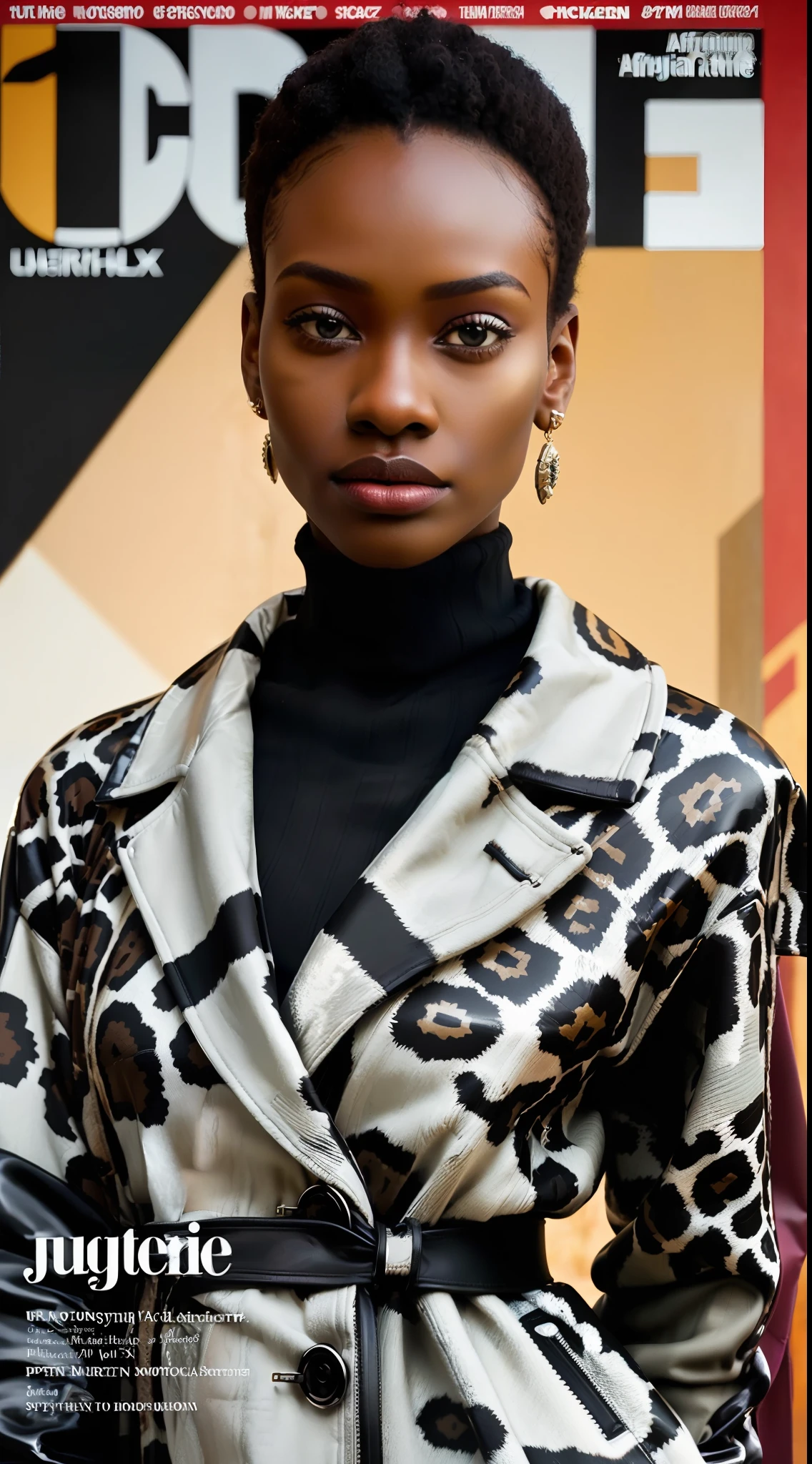 (((A black model with African facial features))) in elegant photomodel pose for digital magazine Editorial Editorial Photo, (wearing winter clothes), ((((turtleneck shirt with overcoat))) ((synthetic jaguar skin)), realistic colors, symmetrical, detailed, haute couture, ultra detailed finishes, cute look, intricate details, photo editorial style of magazine cover, high fashion, apply editorial environment, masterpiece, highest quality, ultra detailed, high def,