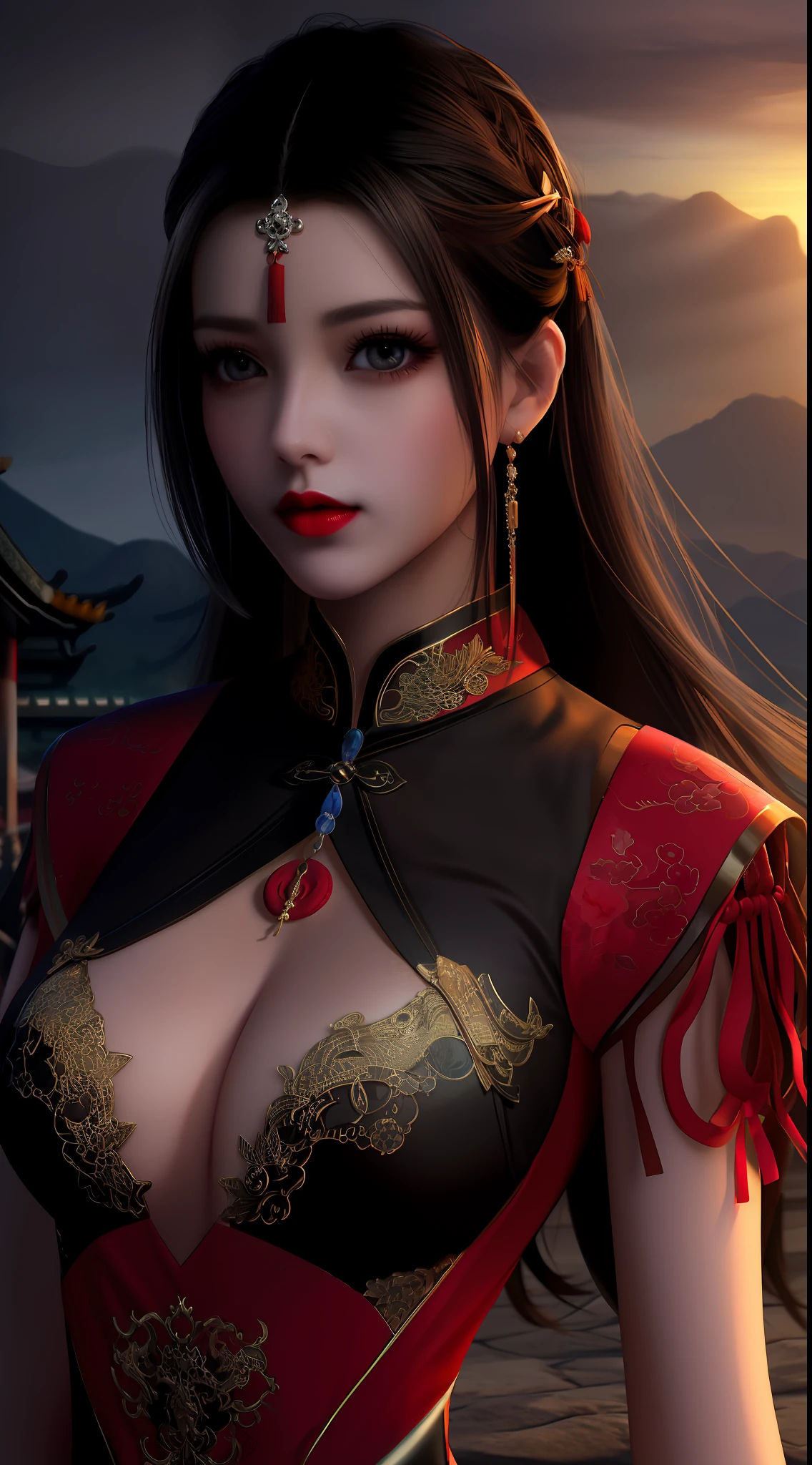 Realistic, 1 girl, see-through chinese armor soft red black, very large breasts, black hair, red lips, detailed eyes , dark backgrou,,Low light, Chinese underwear, best face,upper body, Low light landscape, sexy style, royal